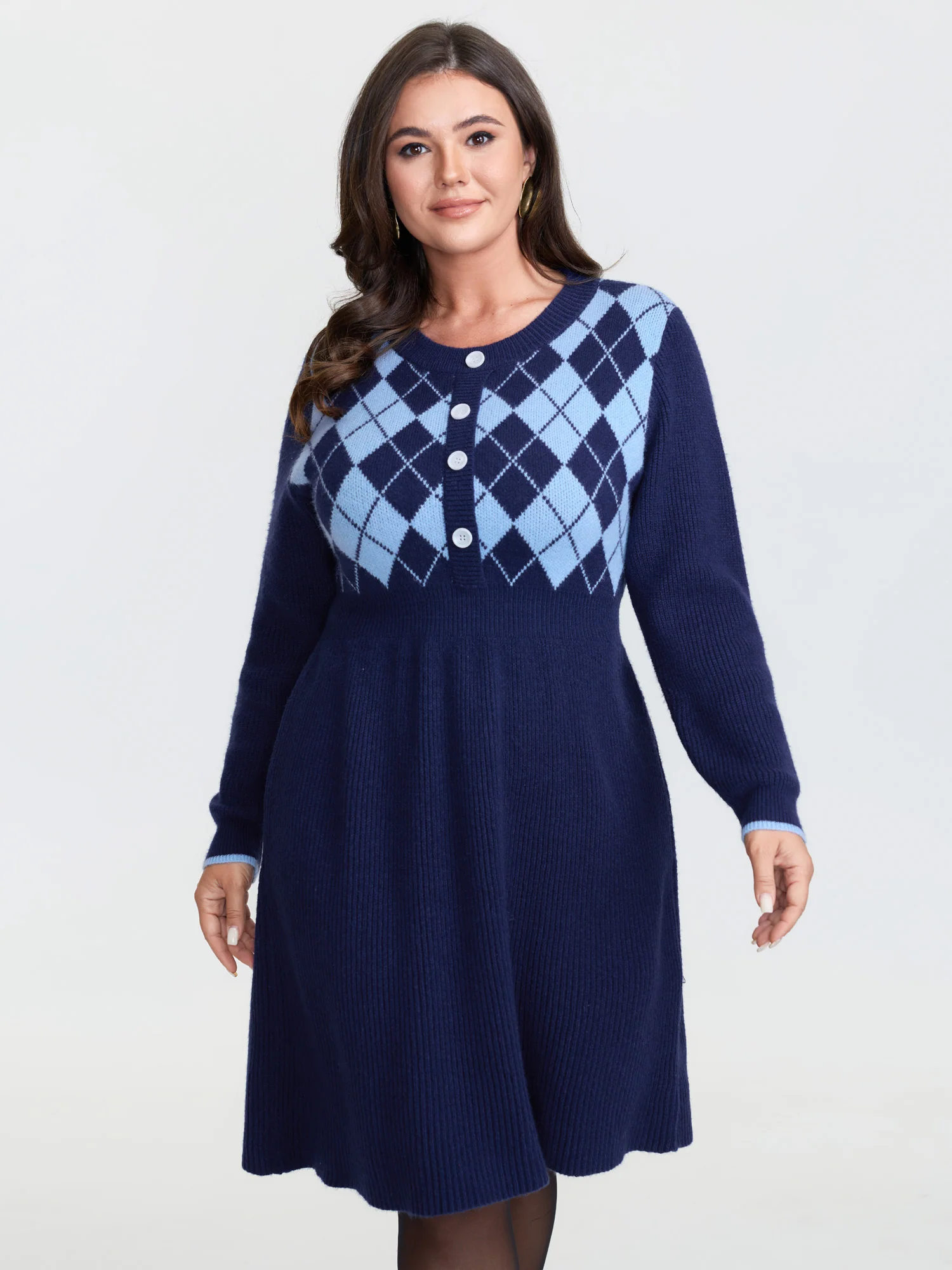 Jacquard Diamond Pattern Midi Sweater Dress