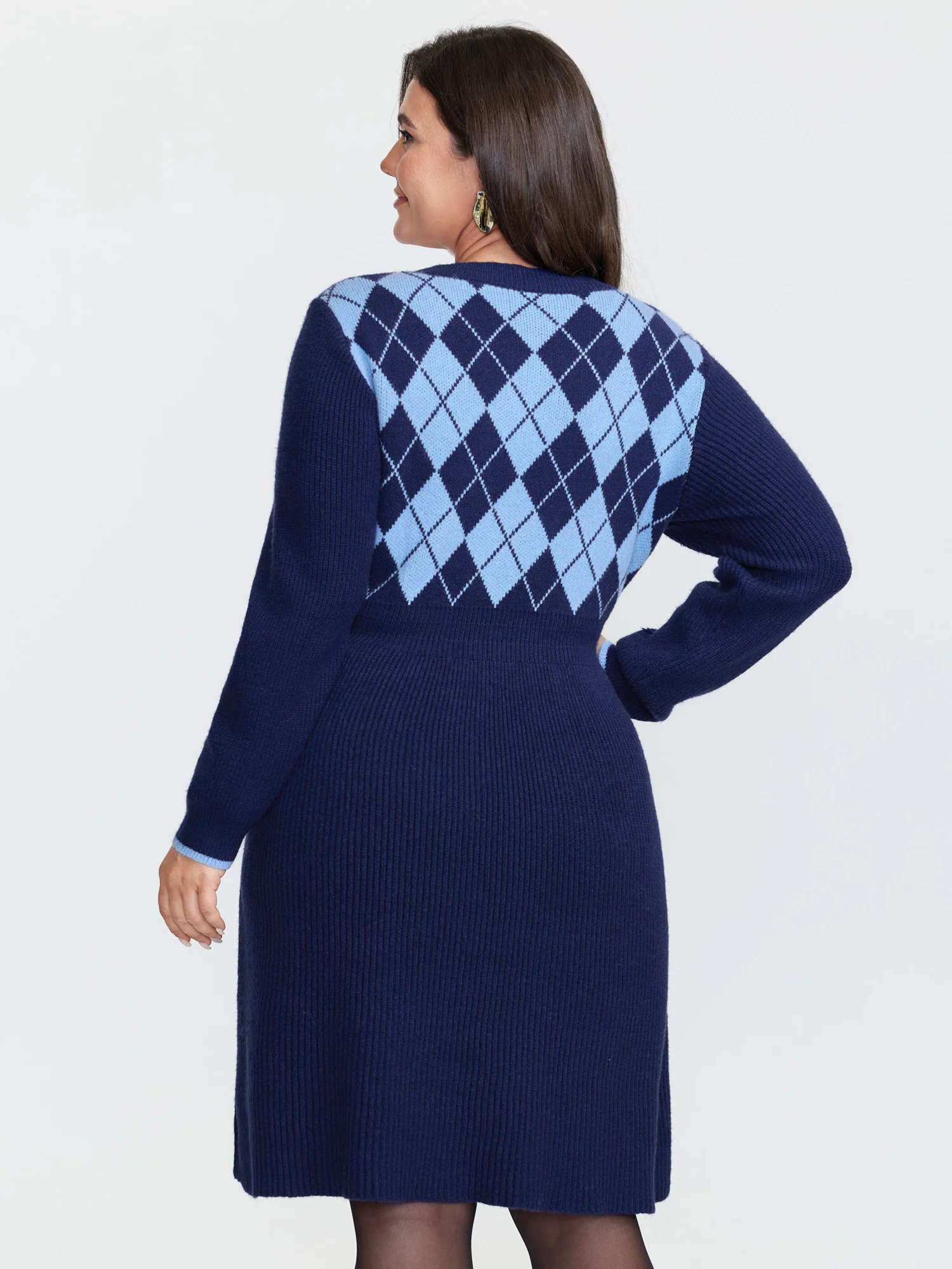 Jacquard Diamond Pattern Midi Sweater Dress - Image 4