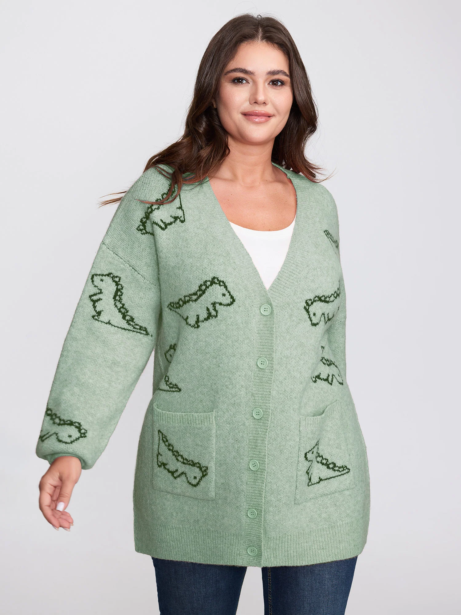 Jacquard Dinosaur Print Knit Cardigan - Image 2