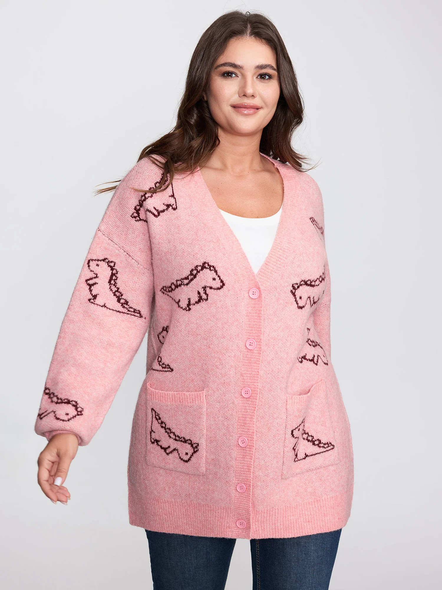 Jacquard Dinosaur Print Knit Cardigan - Image 7