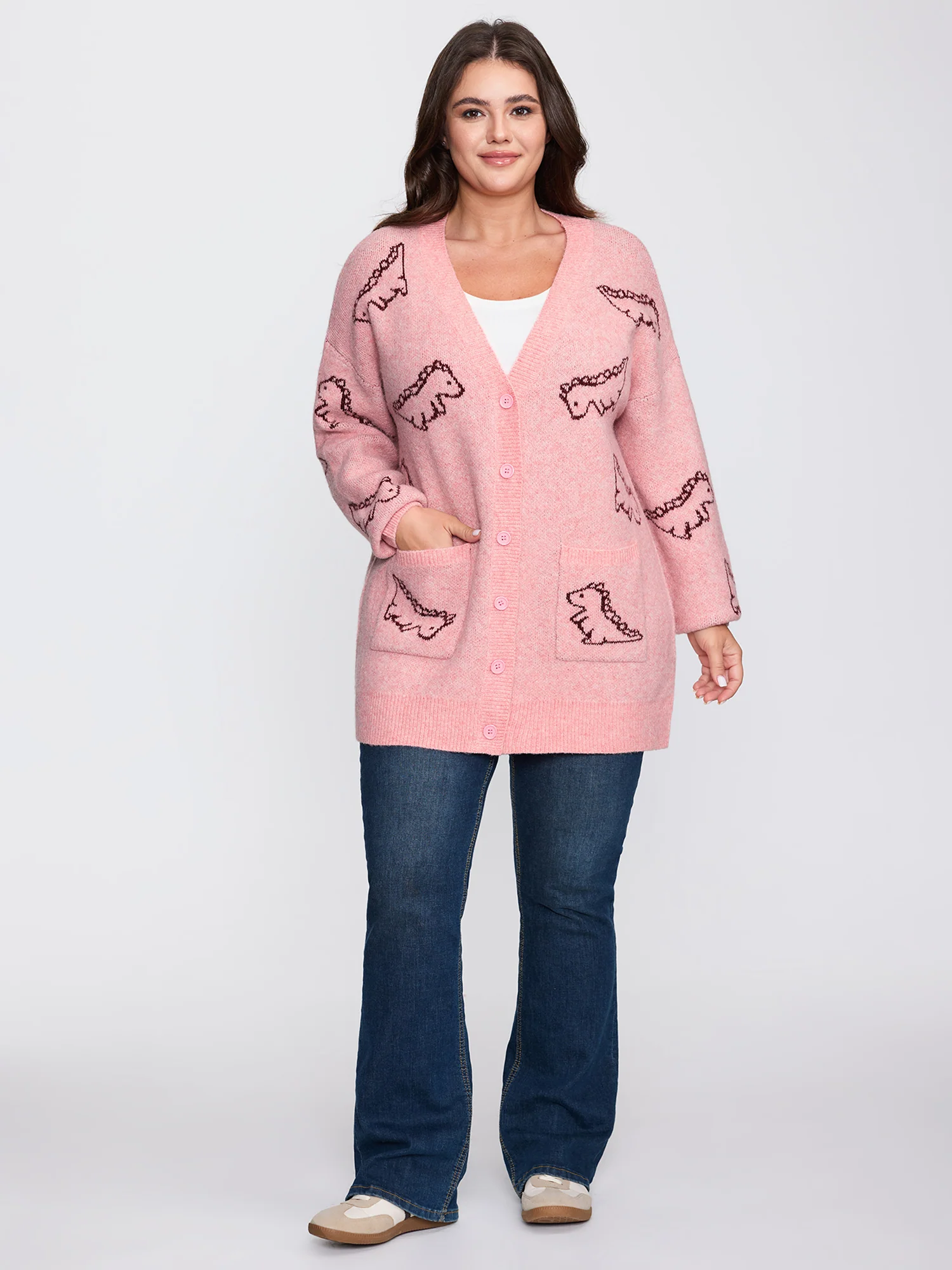 Jacquard Dinosaur Print Knit Cardigan - Image 9