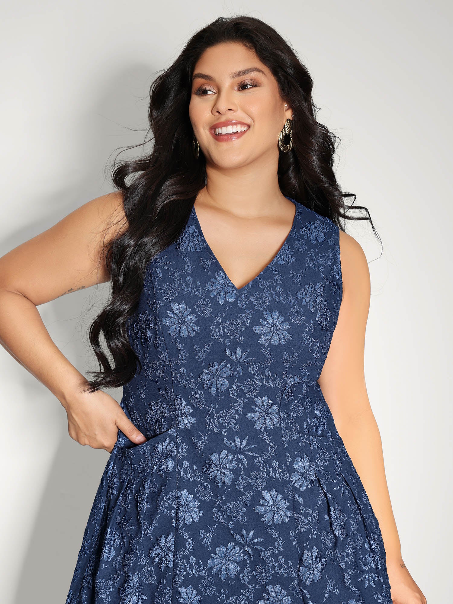 Jacquard Elastic Waist Pockets Knee-Length Dress - Image 2