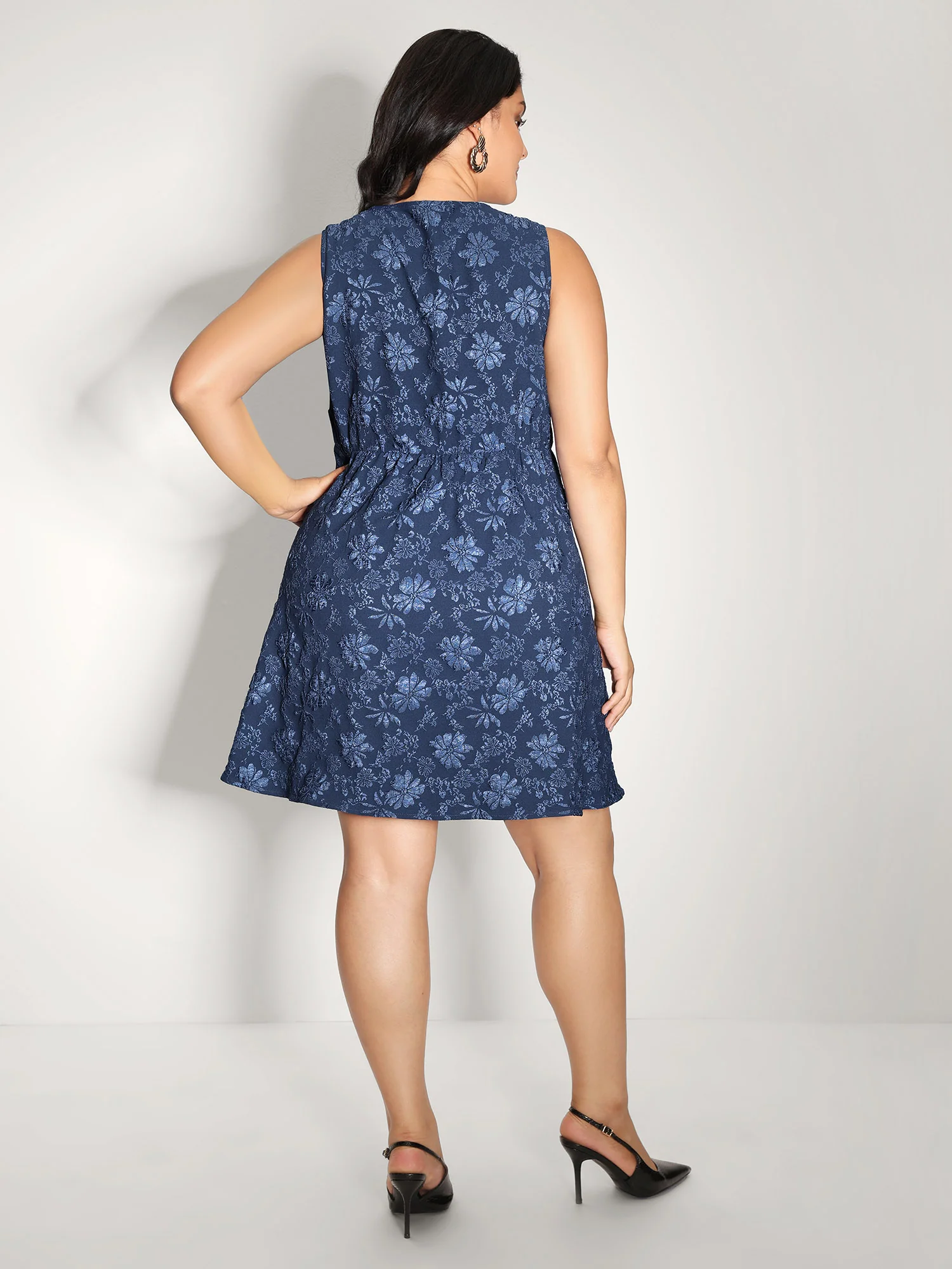 Jacquard Elastic Waist Pockets Knee-Length Dress - Image 4