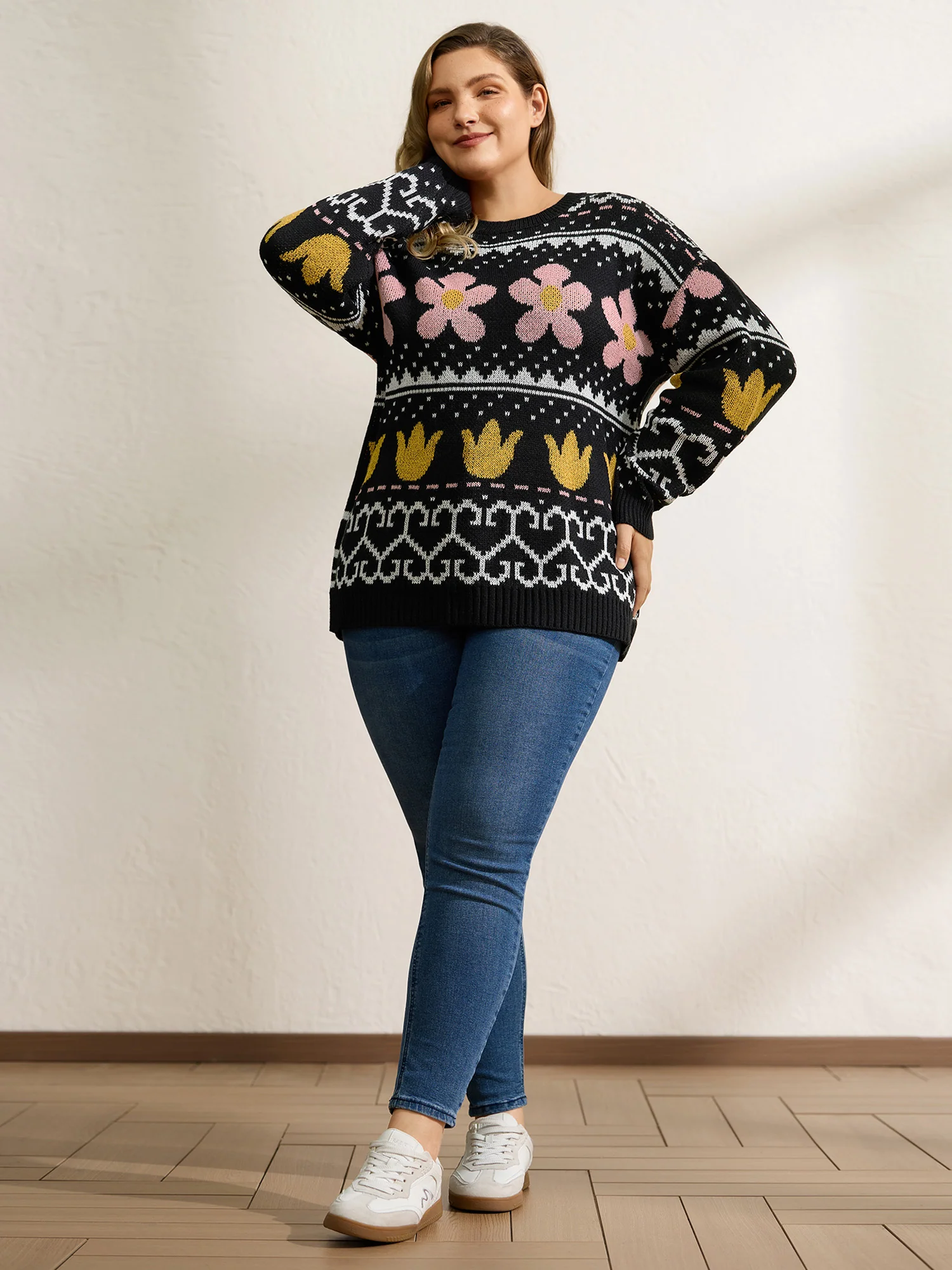 Jacquard Floral Garden Pattern Pullover - Image 3
