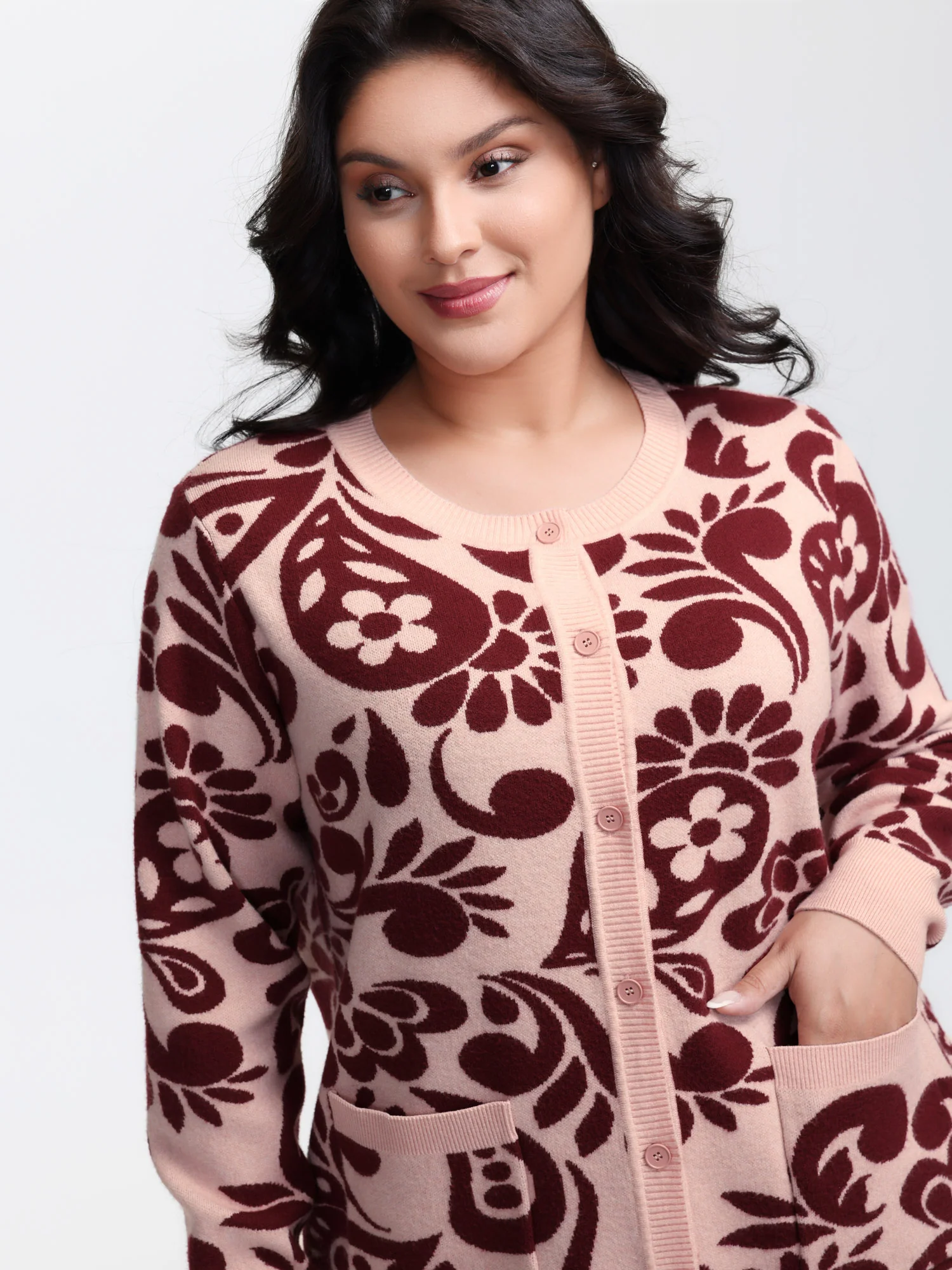 Jacquard Floral Print Button Knit Cardigan - Image 2