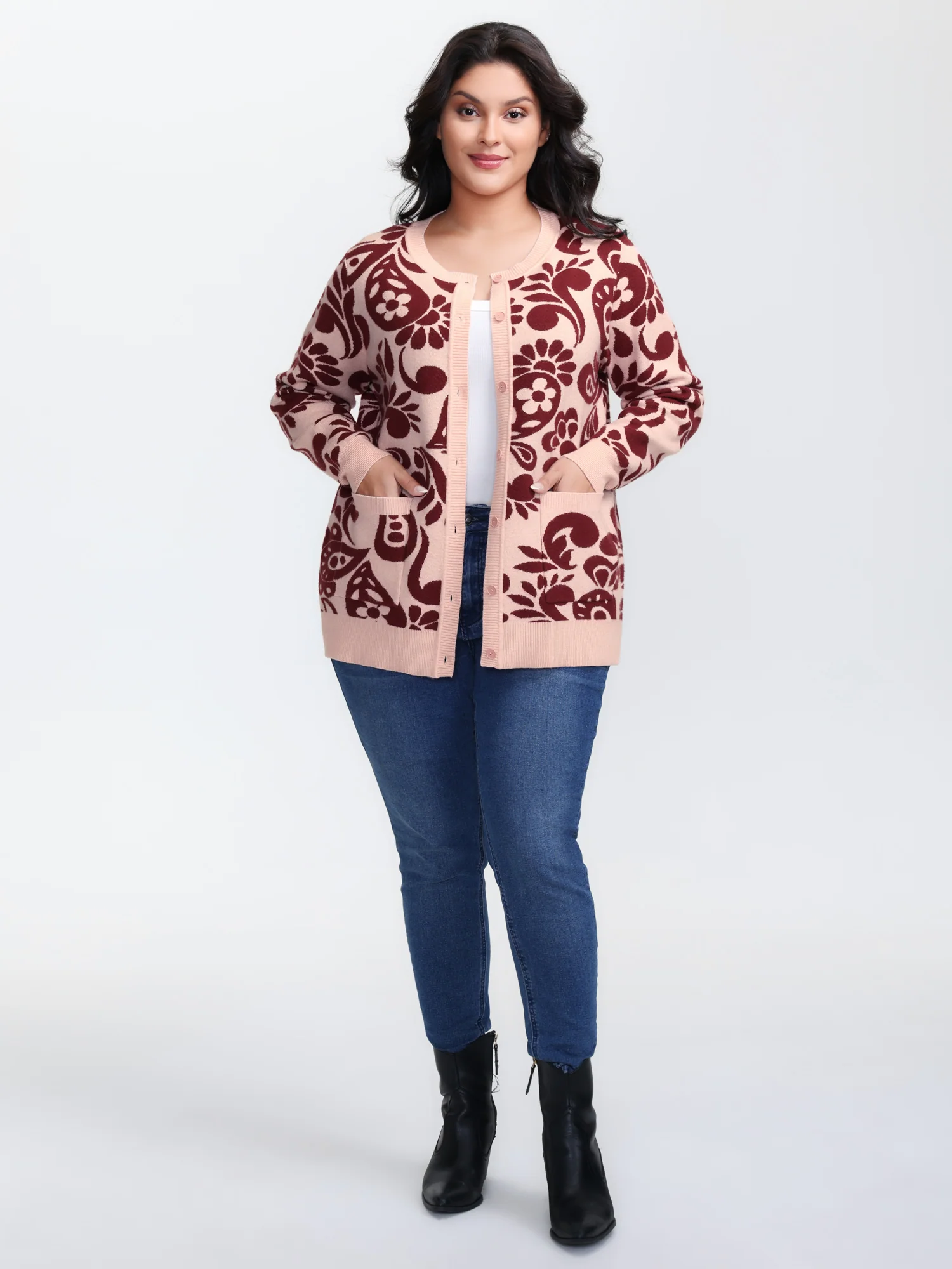 Jacquard Floral Print Button Knit Cardigan - Image 3