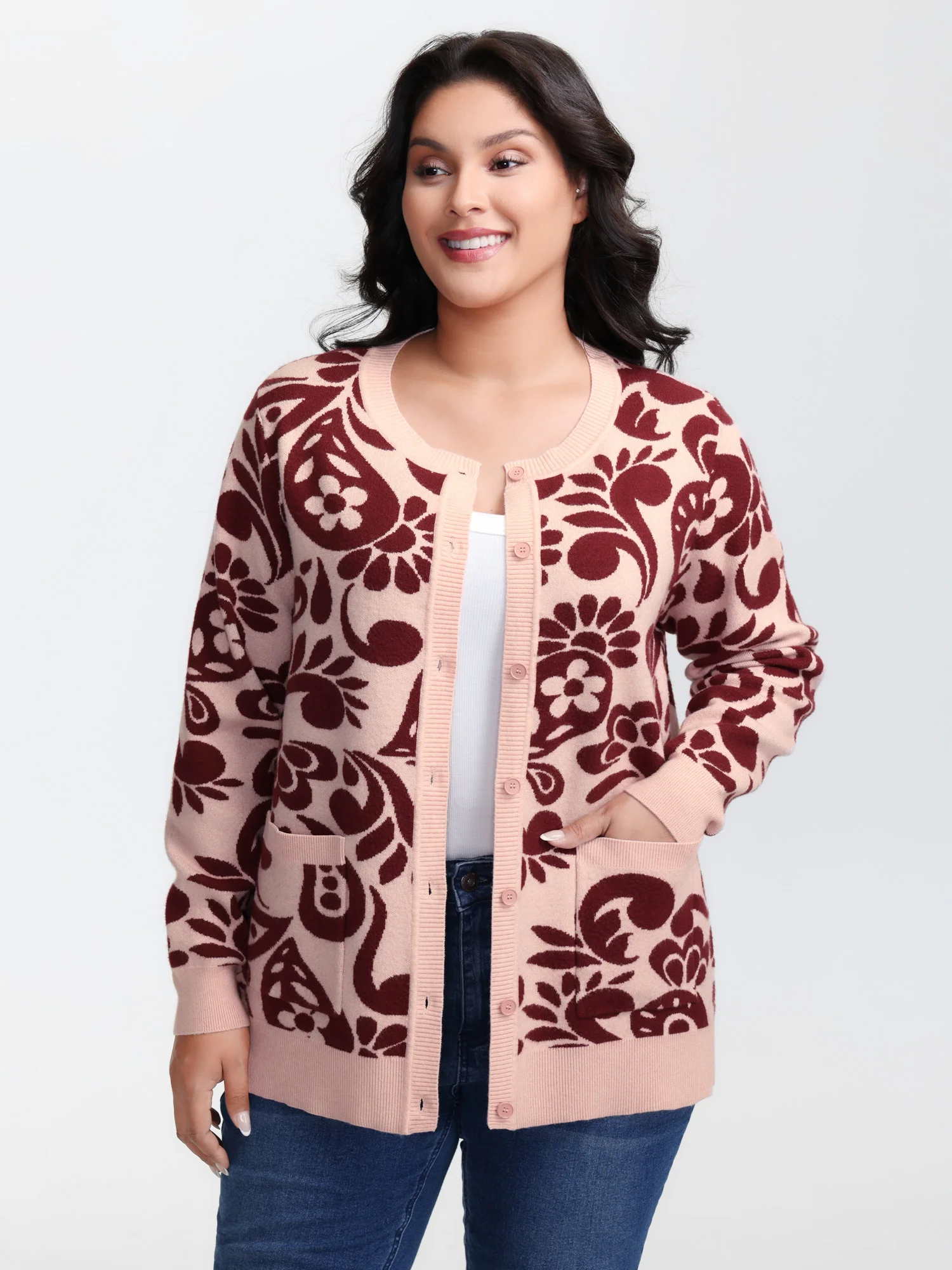 Jacquard Floral Print Button Knit Cardigan - Image 4