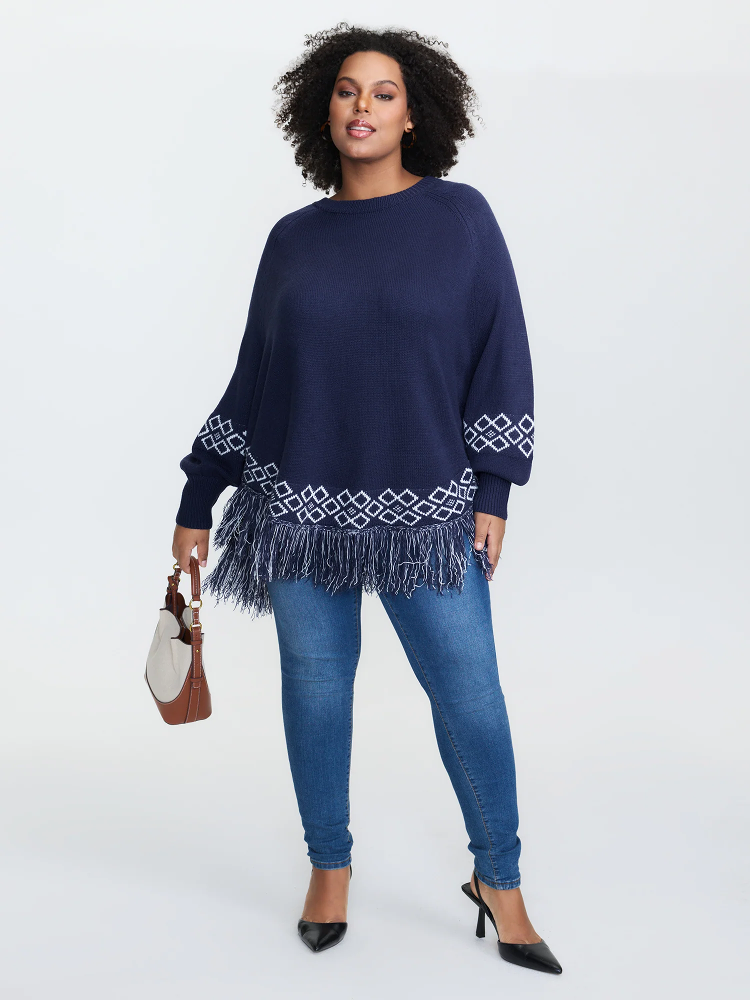 Jacquard Geometric Pattern Fringe Pullover - Image 3