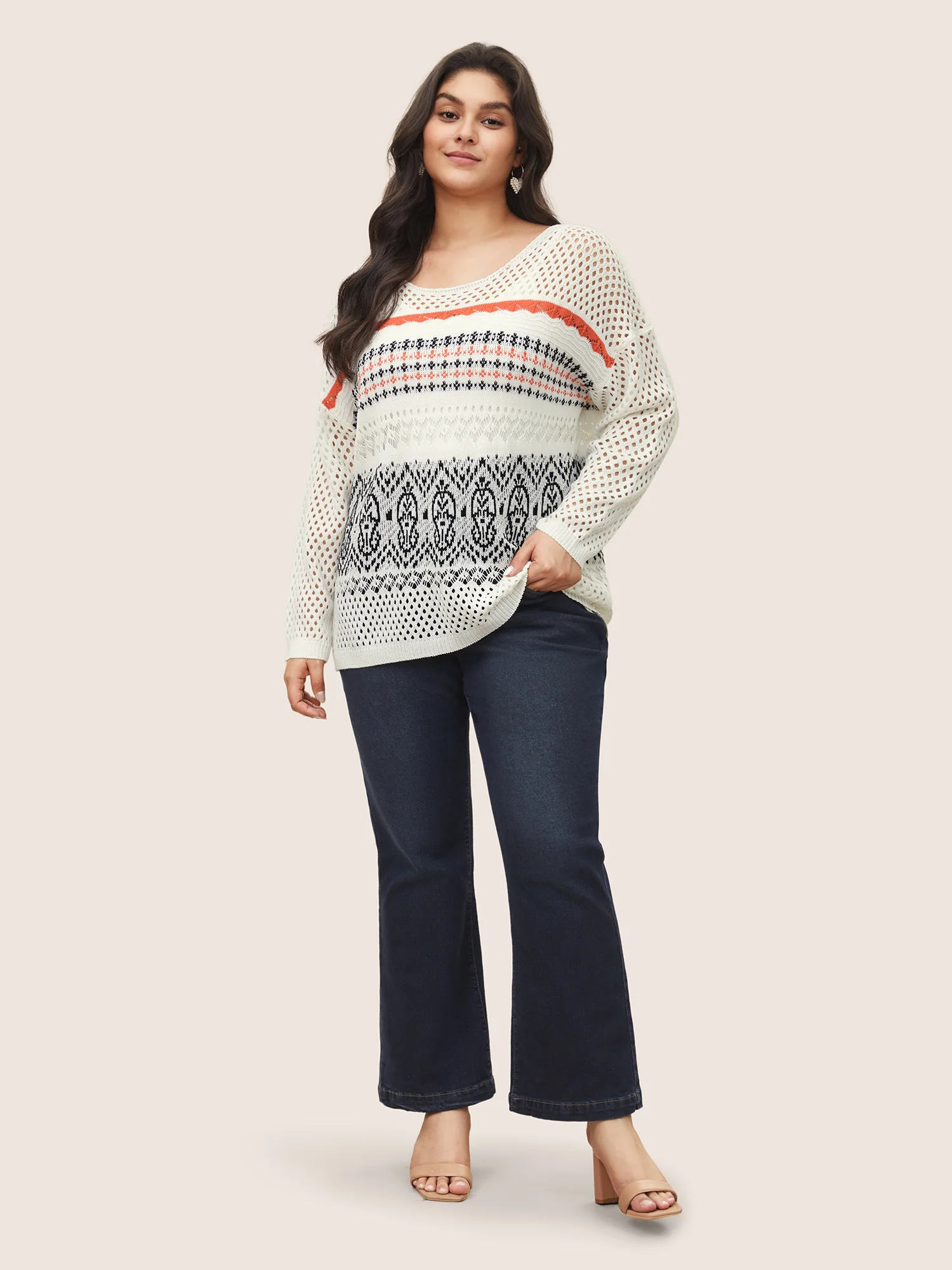 Jacquard Hollow Out Drop Shoulder Pullover - Image 3