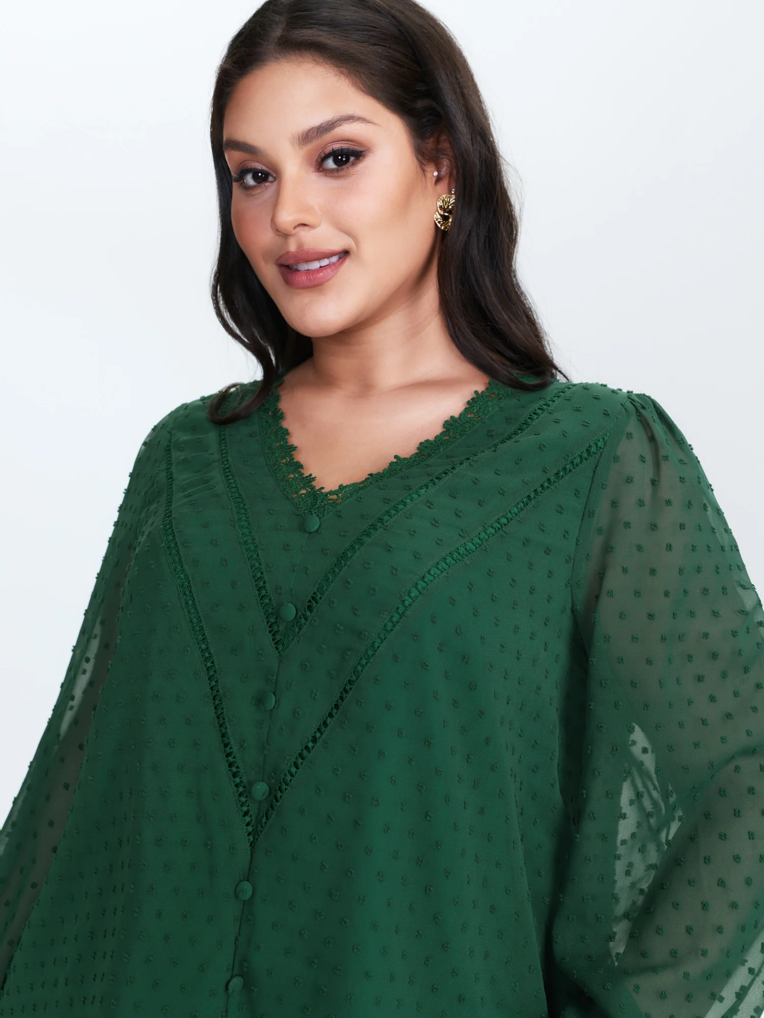 Jacquard Lace Trim V-Neck Blouse - Image 2
