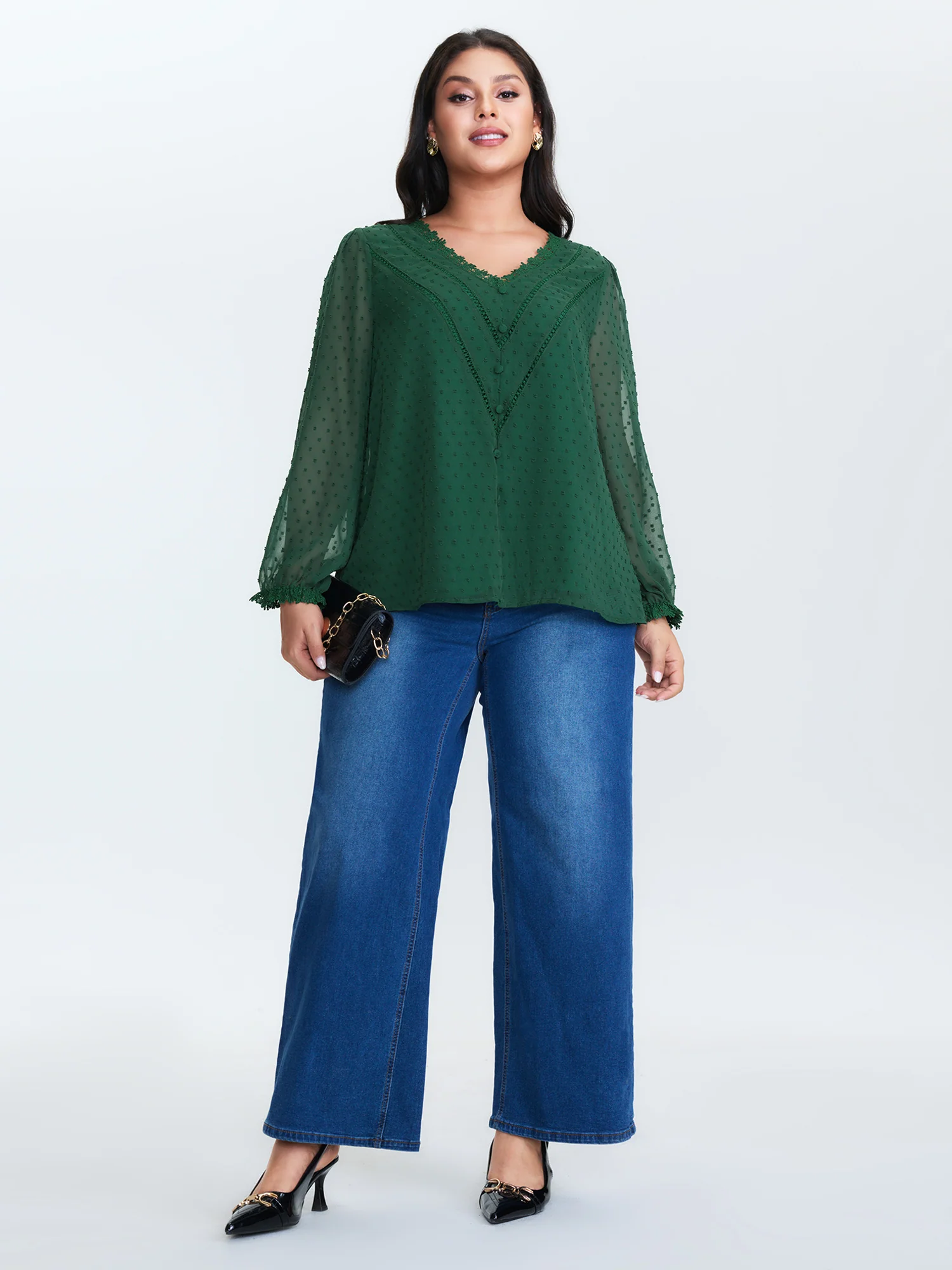 Jacquard Lace Trim V-Neck Blouse - Image 3