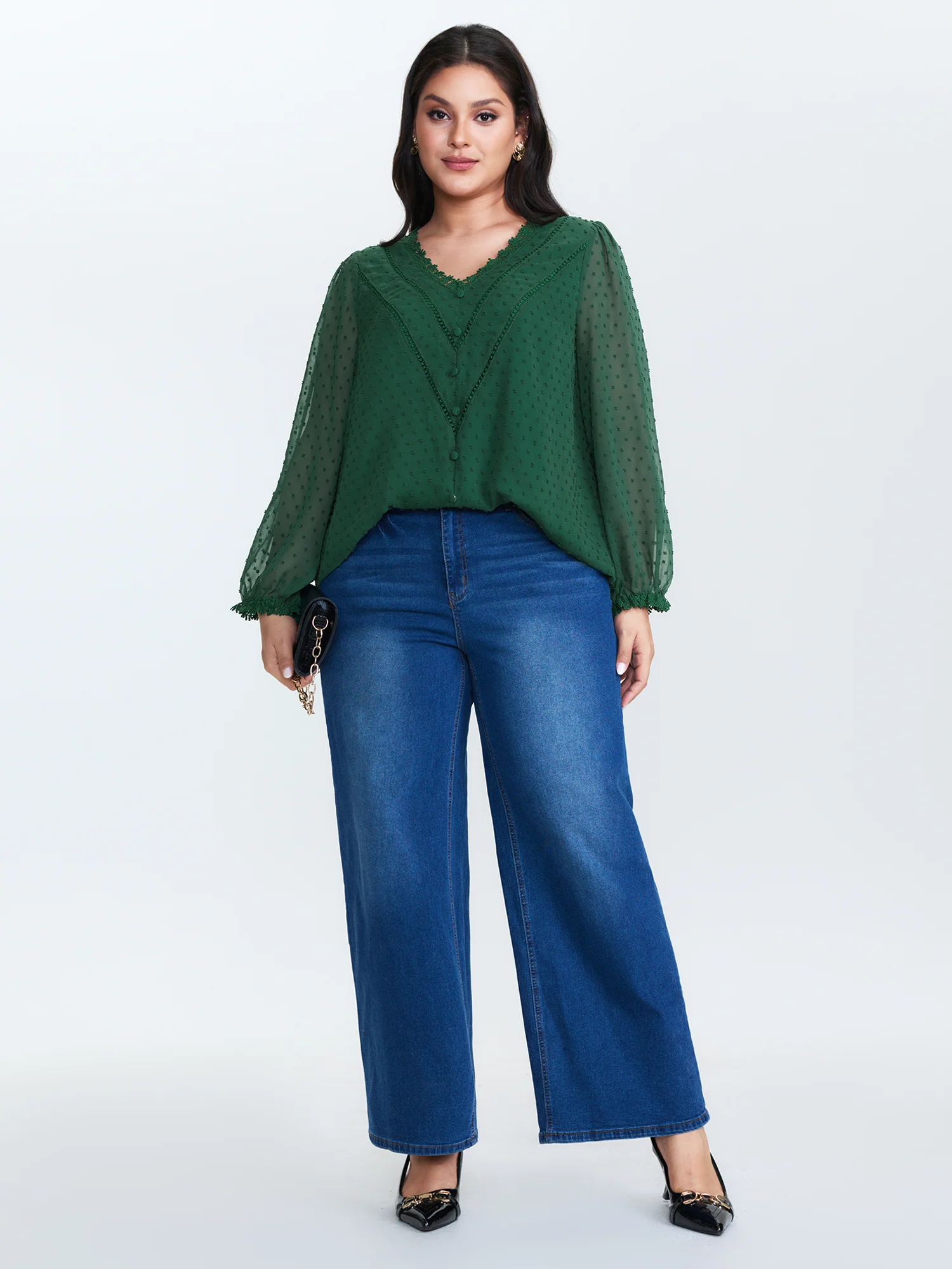 Jacquard Lace Trim V-Neck Blouse - Image 4