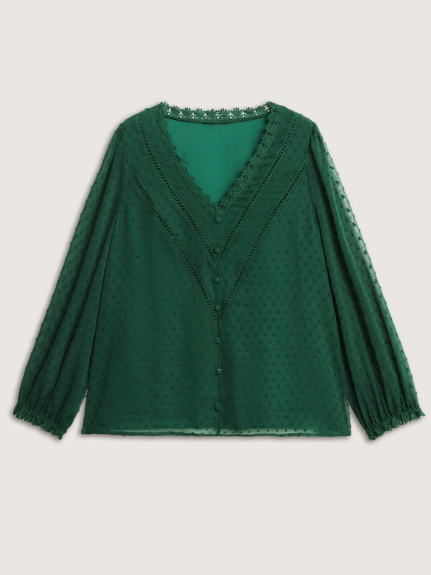 Jacquard Lace Trim V-Neck Blouse - Image 8