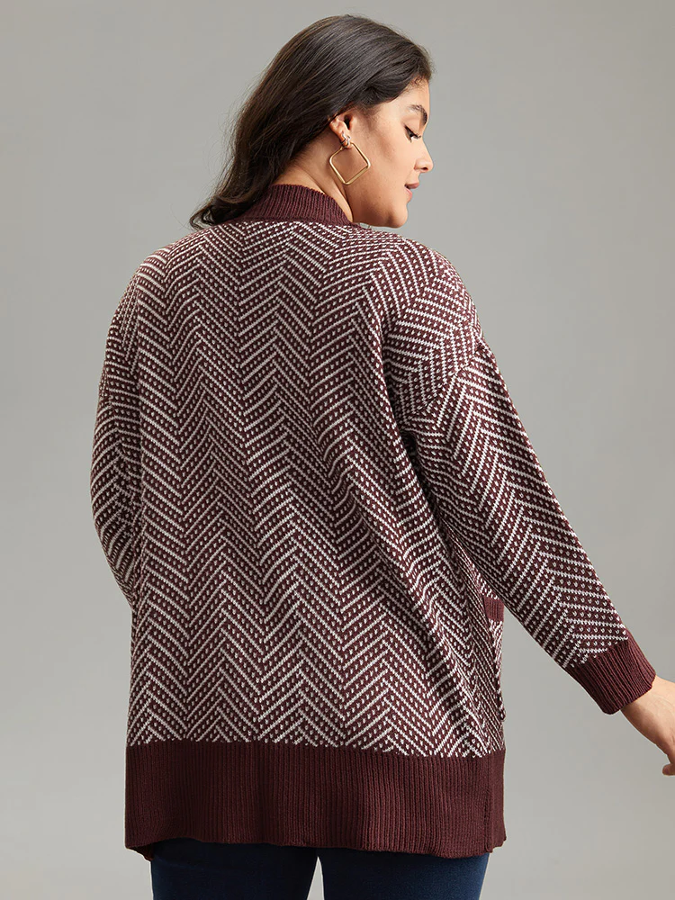 Jacquard Open Front Pocket Loose Cardigan - Image 2