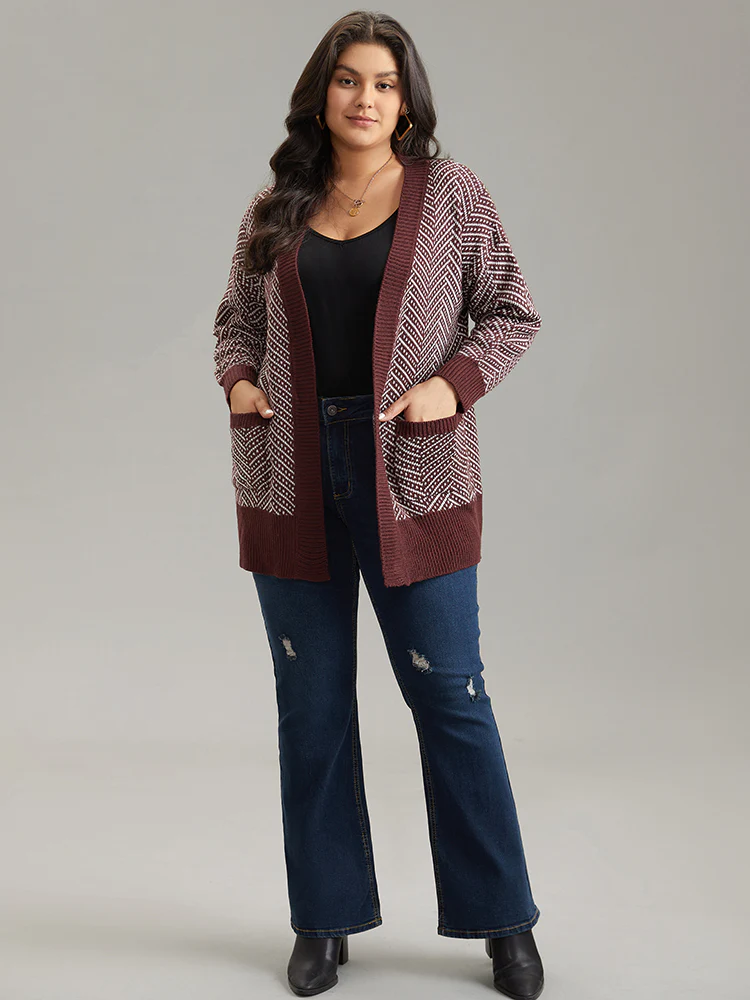 Jacquard Open Front Pocket Loose Cardigan - Image 3