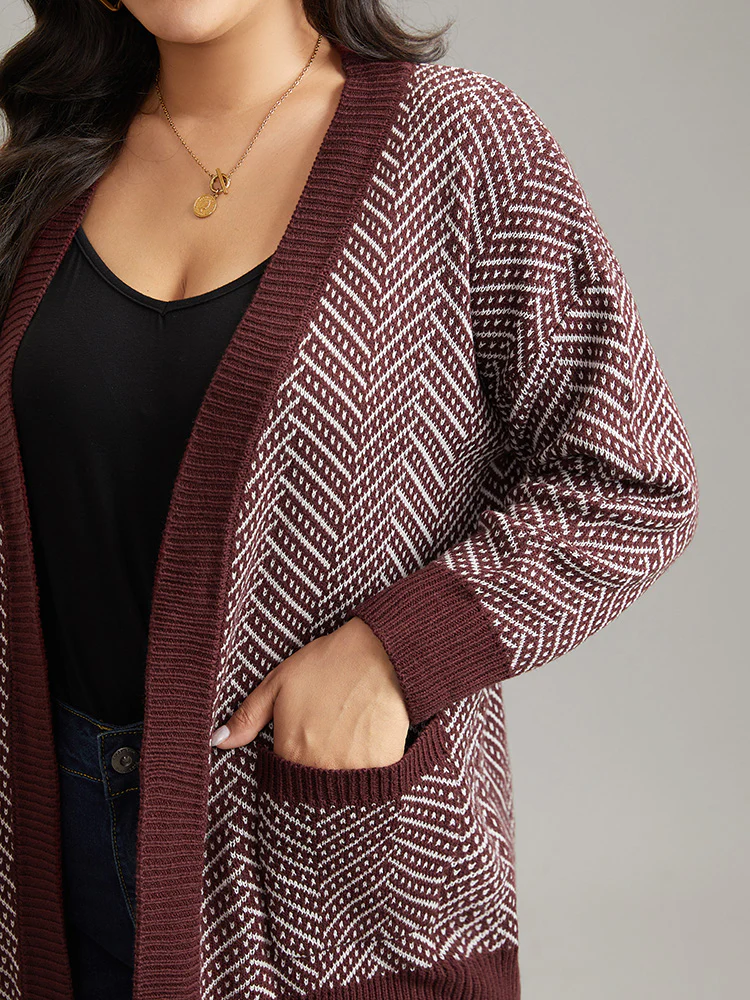Jacquard Open Front Pocket Loose Cardigan - Image 4