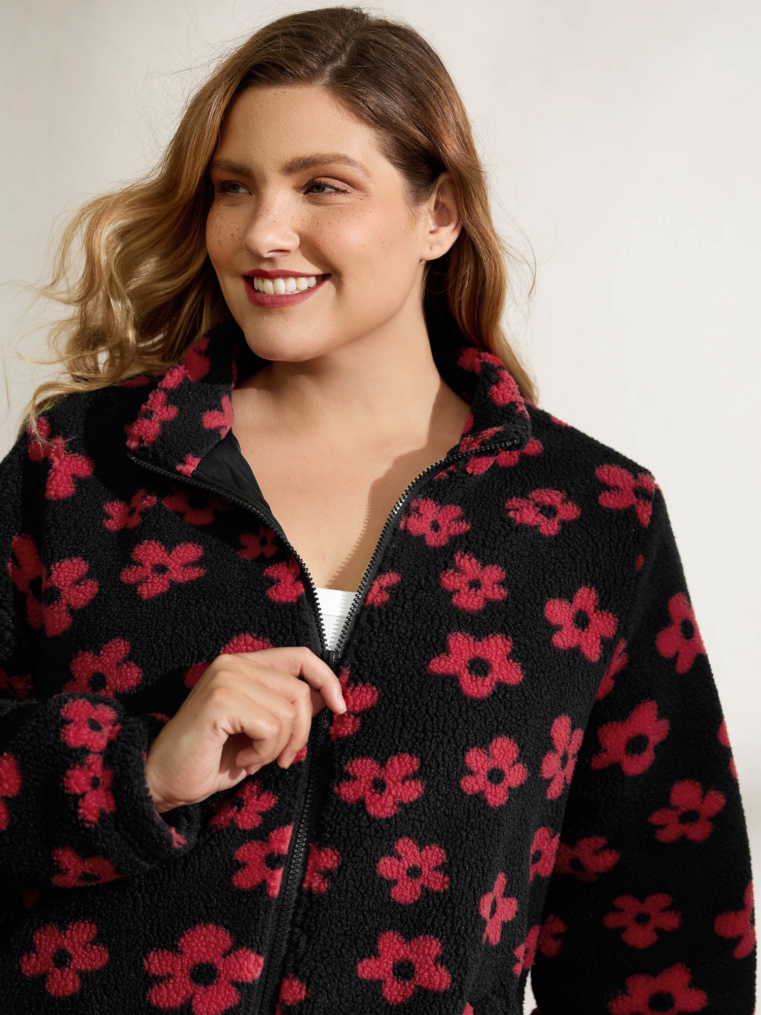 Jacquard Plush Floral Zipper Jacket - Image 2