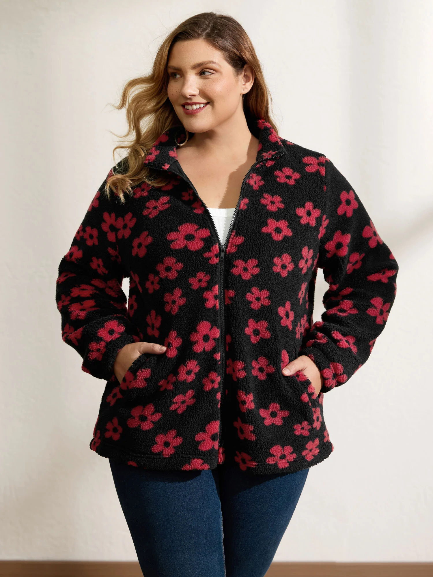 Jacquard Plush Floral Zipper Jacket - Image 3