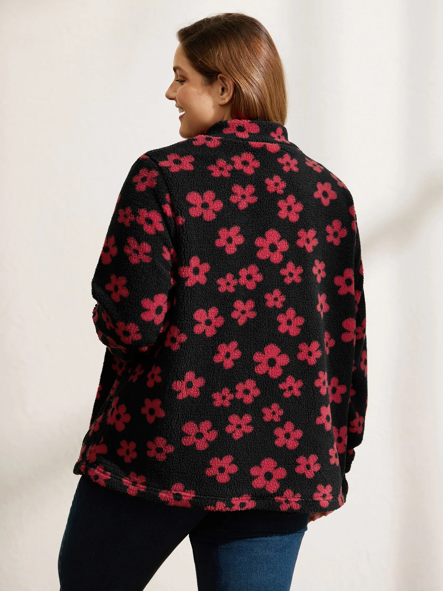 Jacquard Plush Floral Zipper Jacket - Image 4