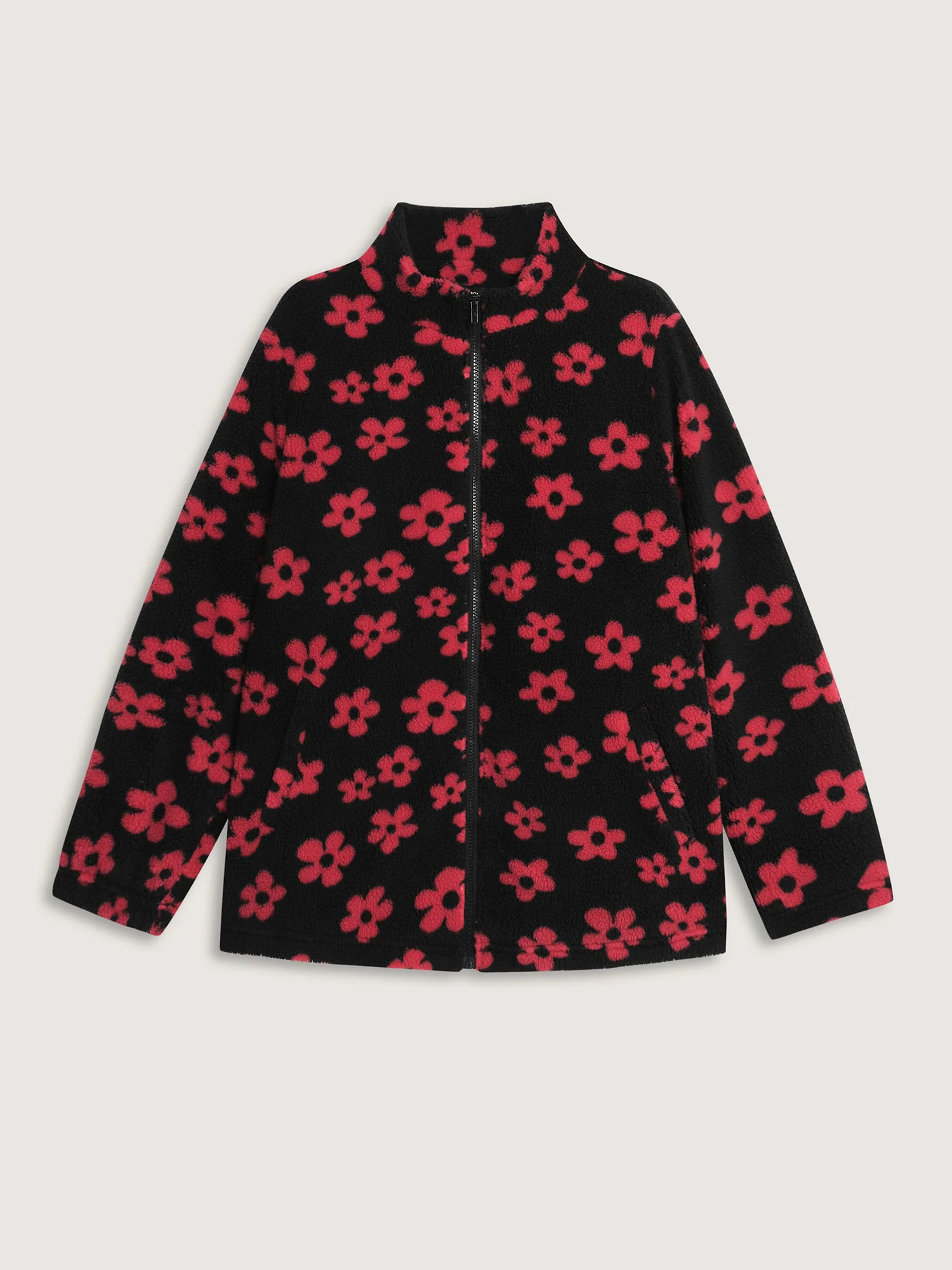 Jacquard Plush Floral Zipper Jacket - Image 8