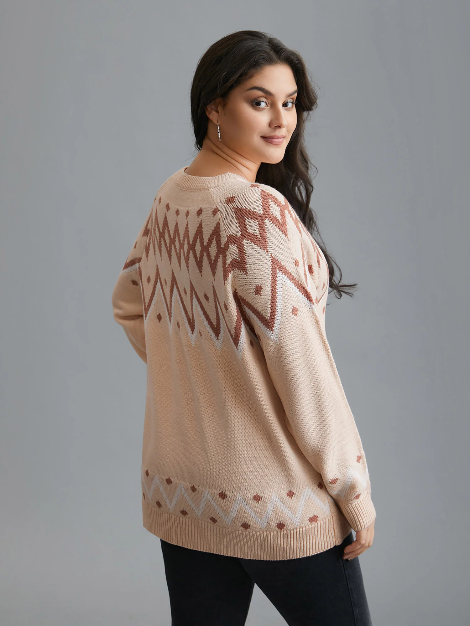 Jacquard Print Button Round Neck Pullover - Image 2