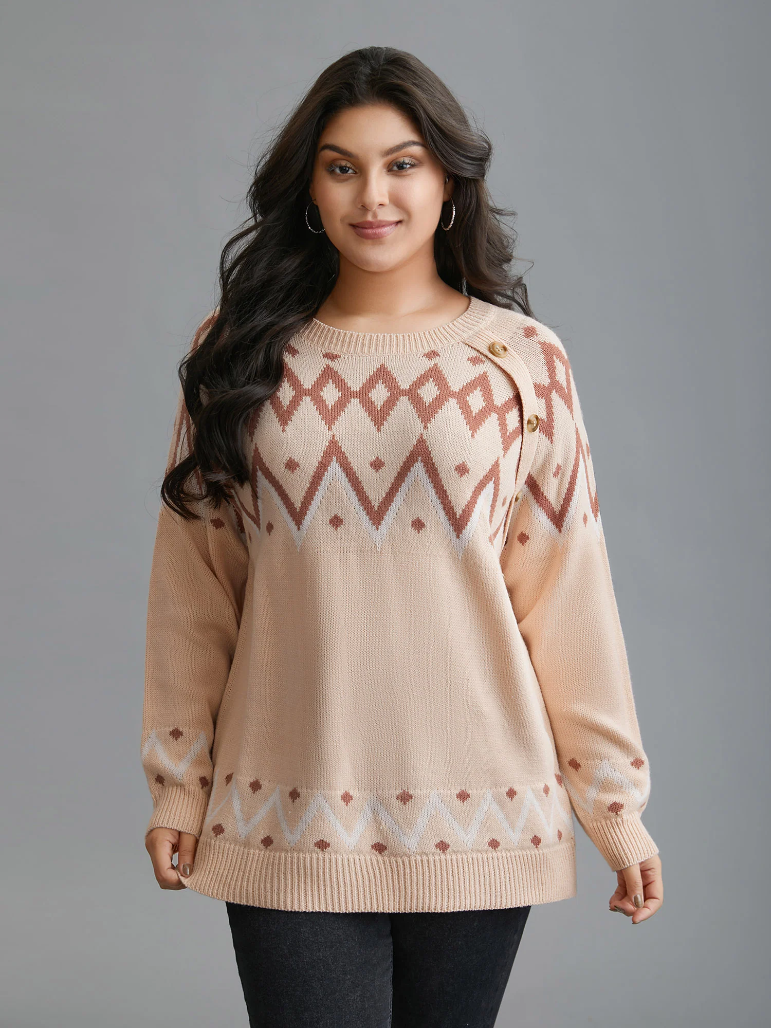 Jacquard Print Button Round Neck Pullover - Image 3