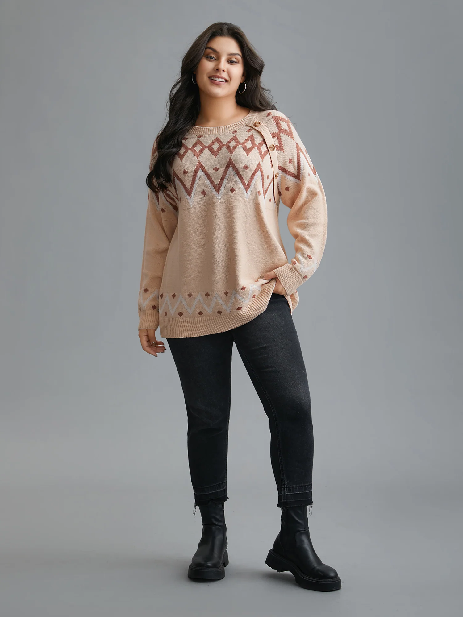 Jacquard Print Button Round Neck Pullover - Image 4