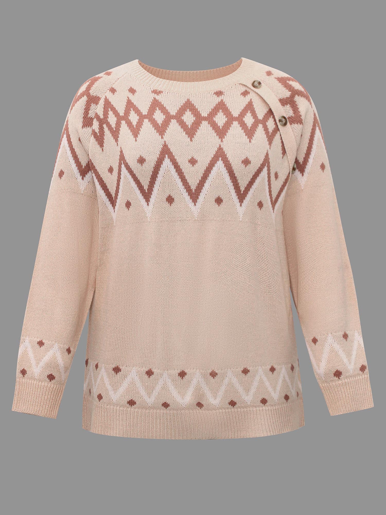 Jacquard Print Button Round Neck Pullover - Image 8