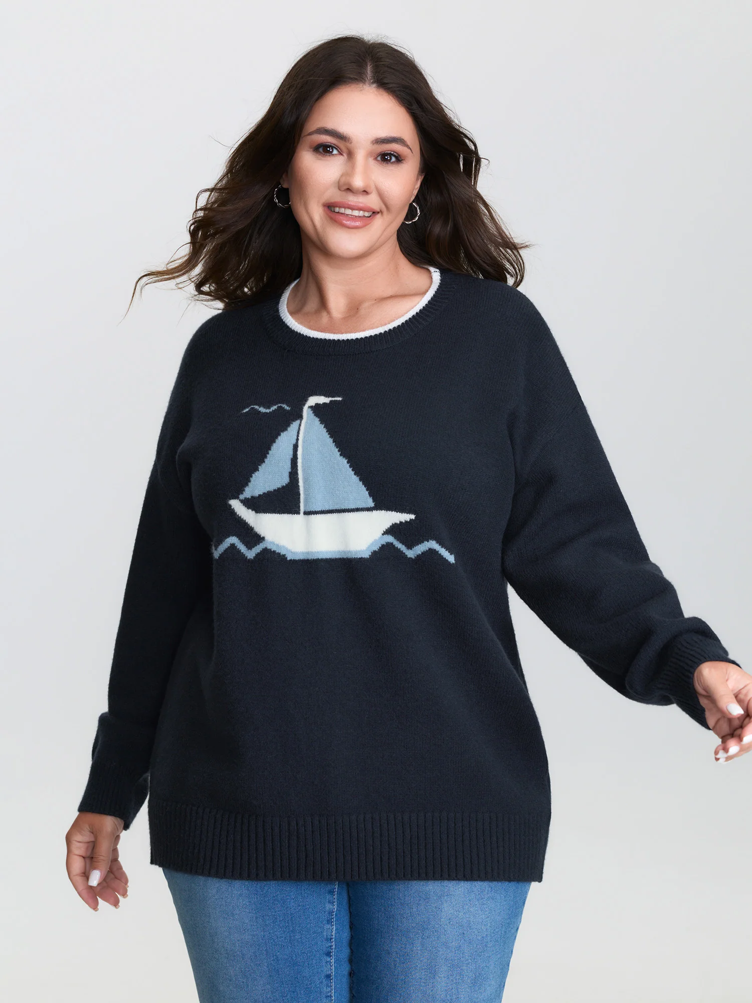 Jacquard Sail Pattern Color Contrast Pullover
