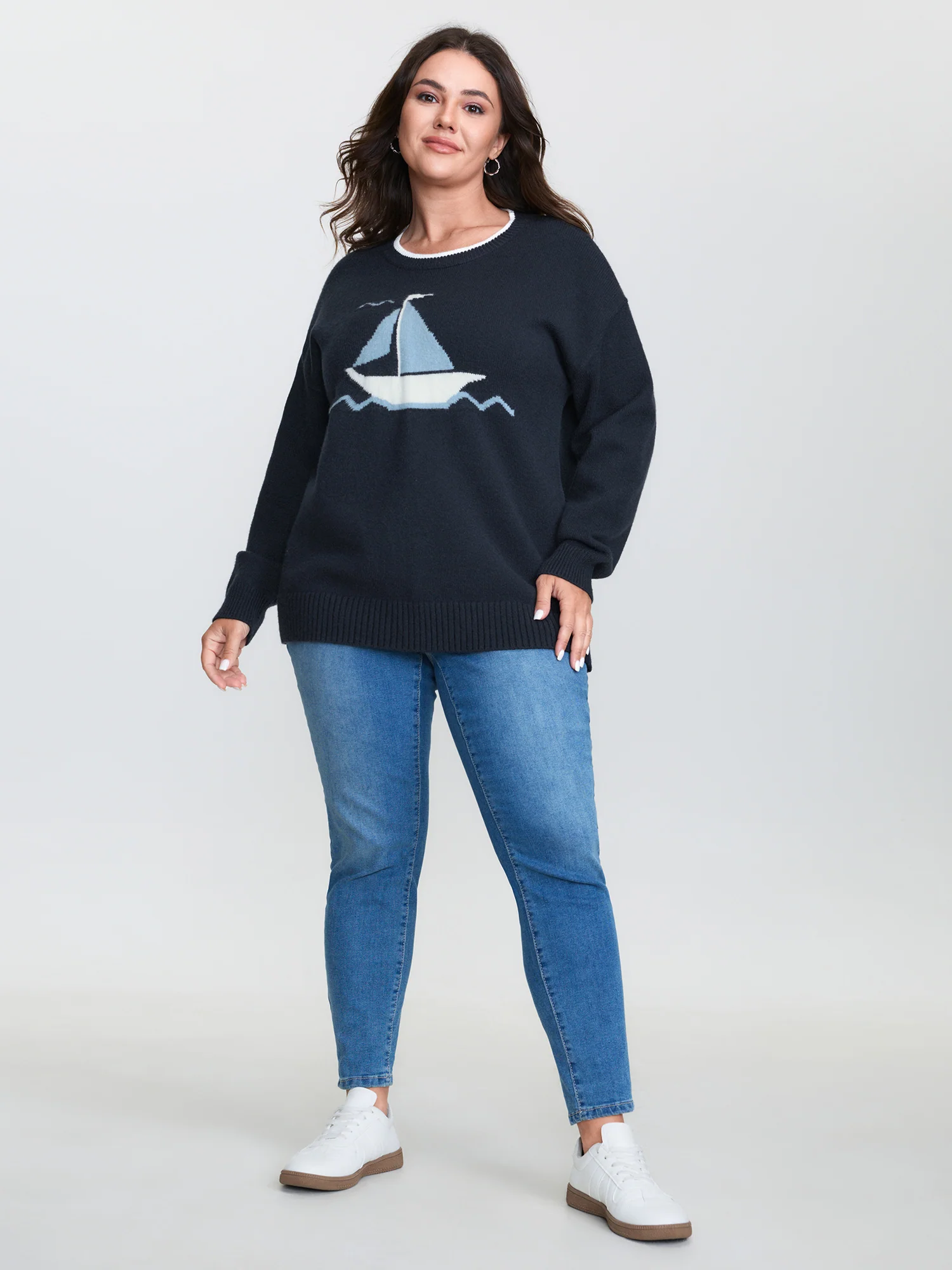 Jacquard Sail Pattern Color Contrast Pullover - Image 3