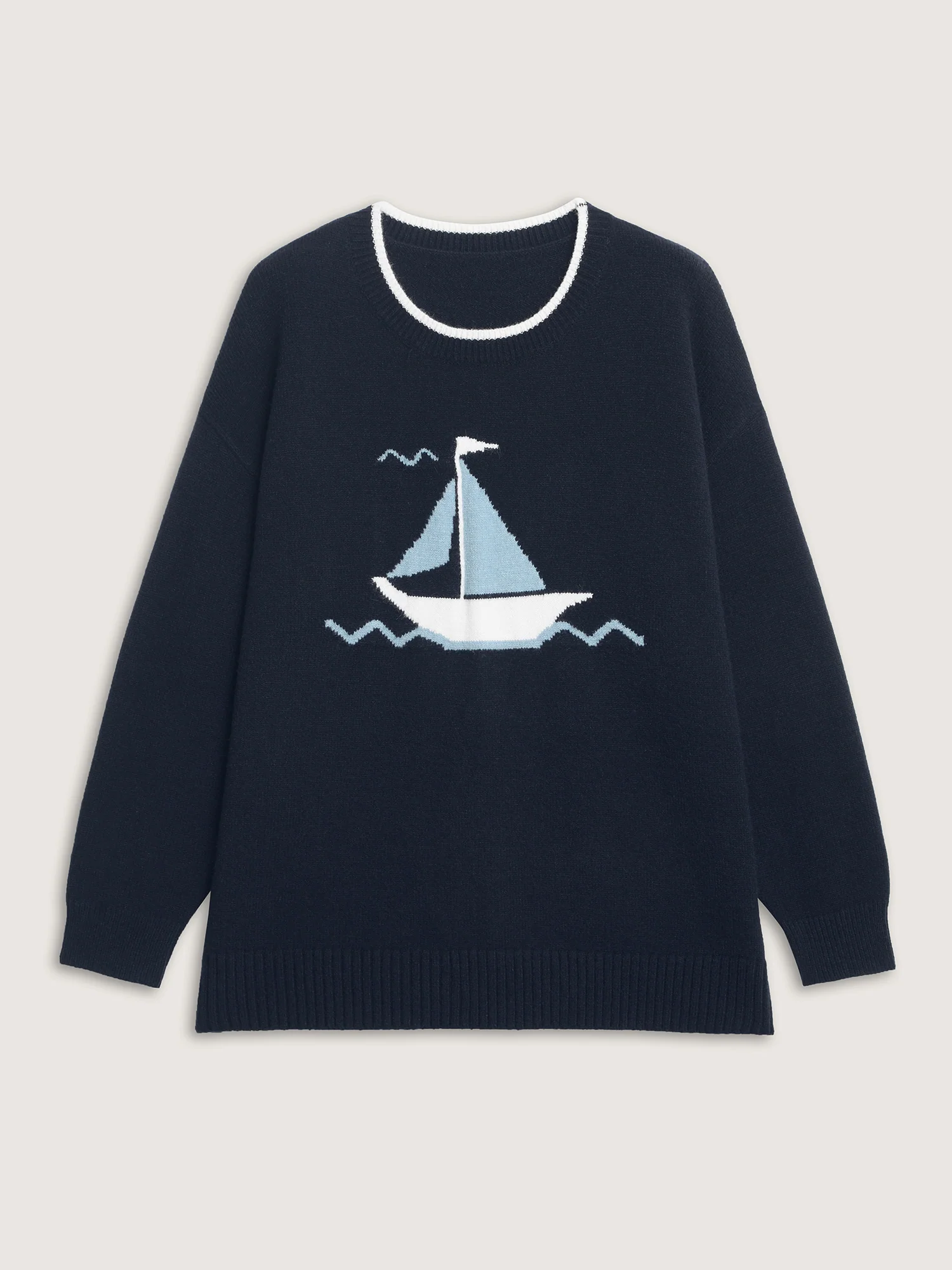 Jacquard Sail Pattern Color Contrast Pullover - Image 7