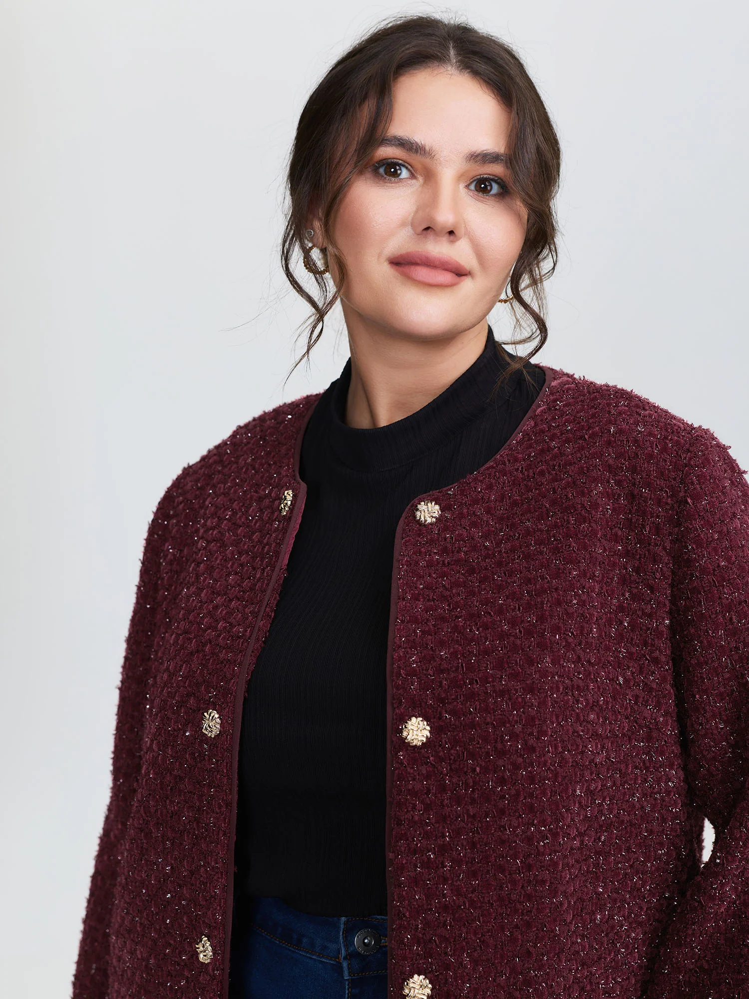 Jacquard Textured Gold Button Blazer - Image 2