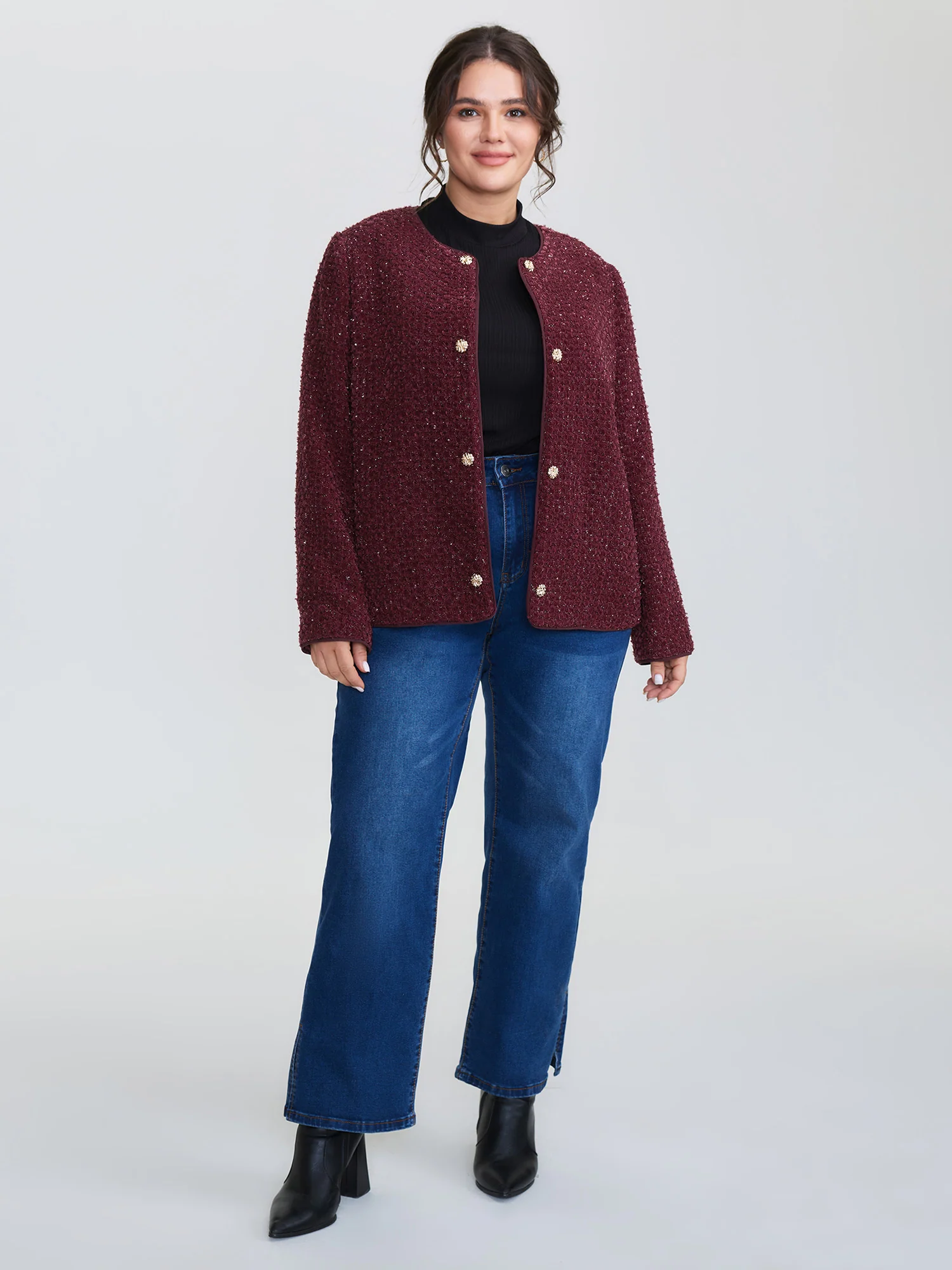 Jacquard Textured Gold Button Blazer - Image 3