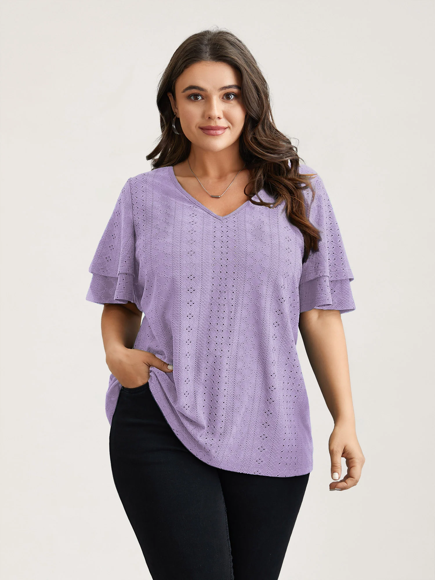 Jacquard Textured Lotus Leaf Sleeve Top - Image 13