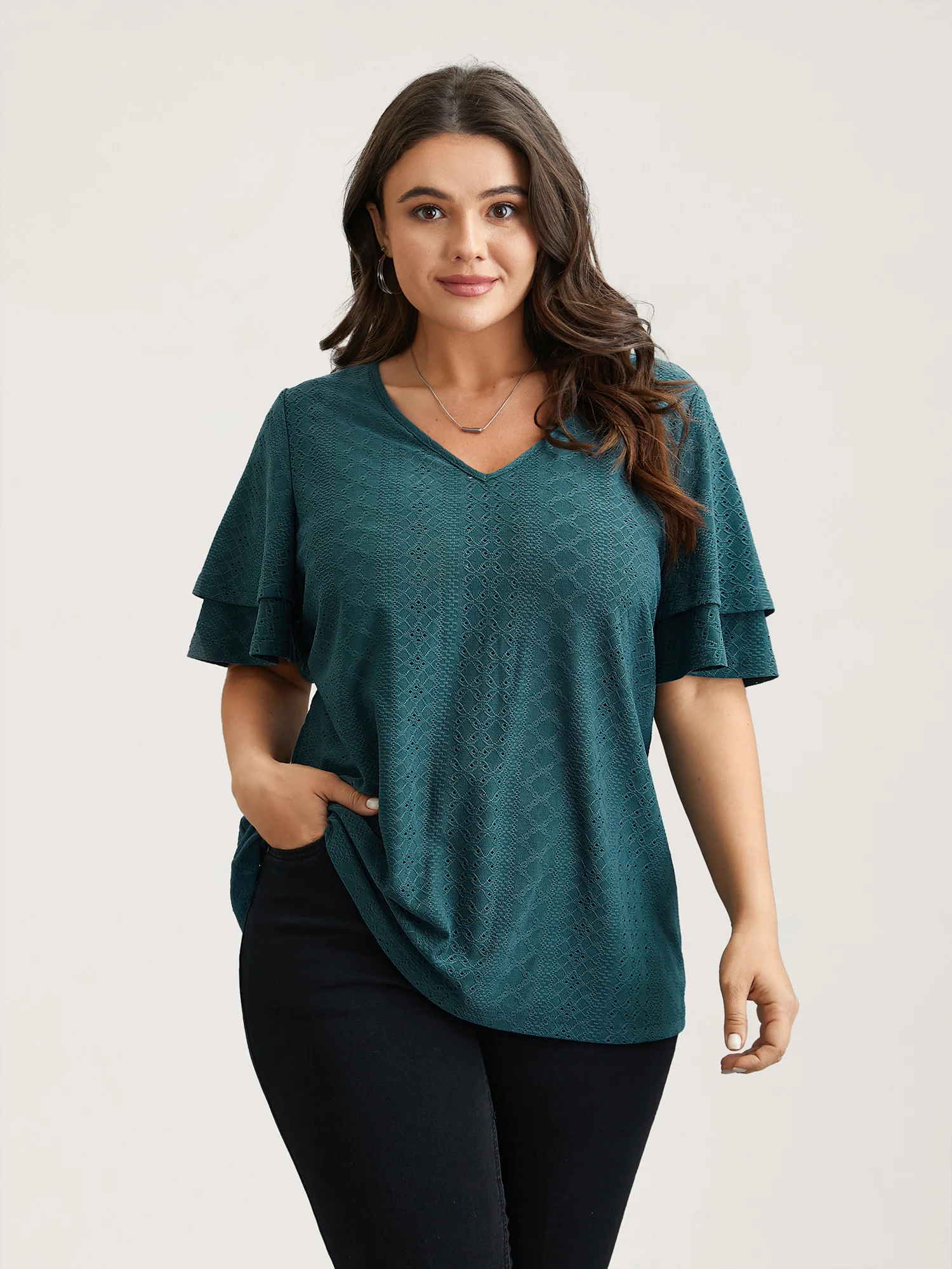 Jacquard Textured Lotus Leaf Sleeve Top - Image 17