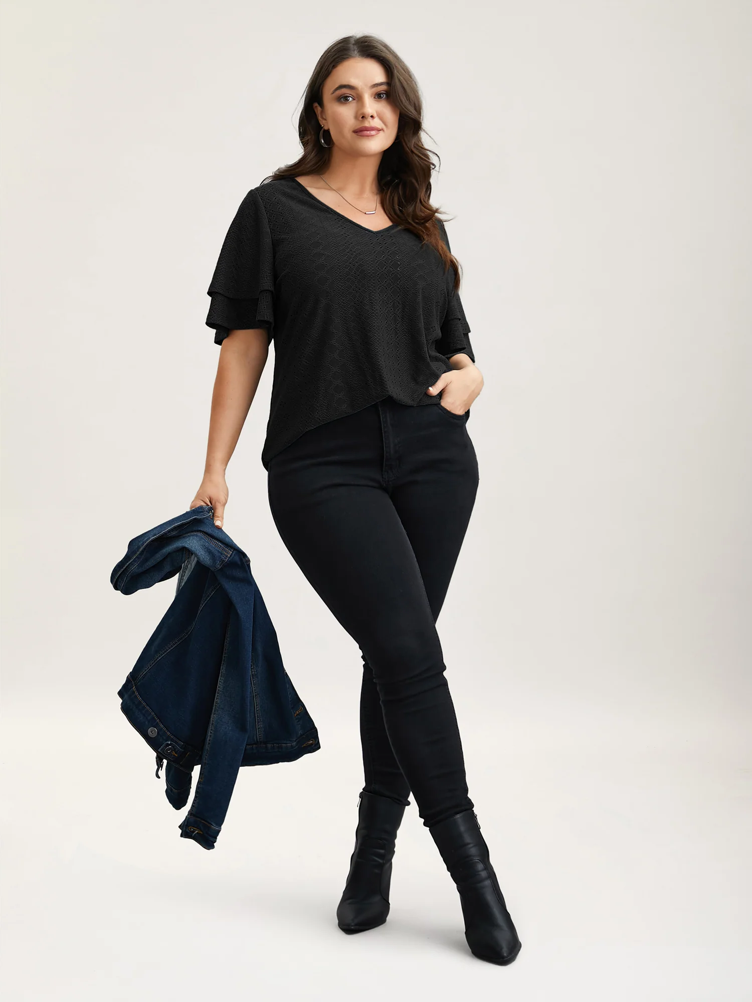Jacquard Textured Lotus Leaf Sleeve Top - Image 2
