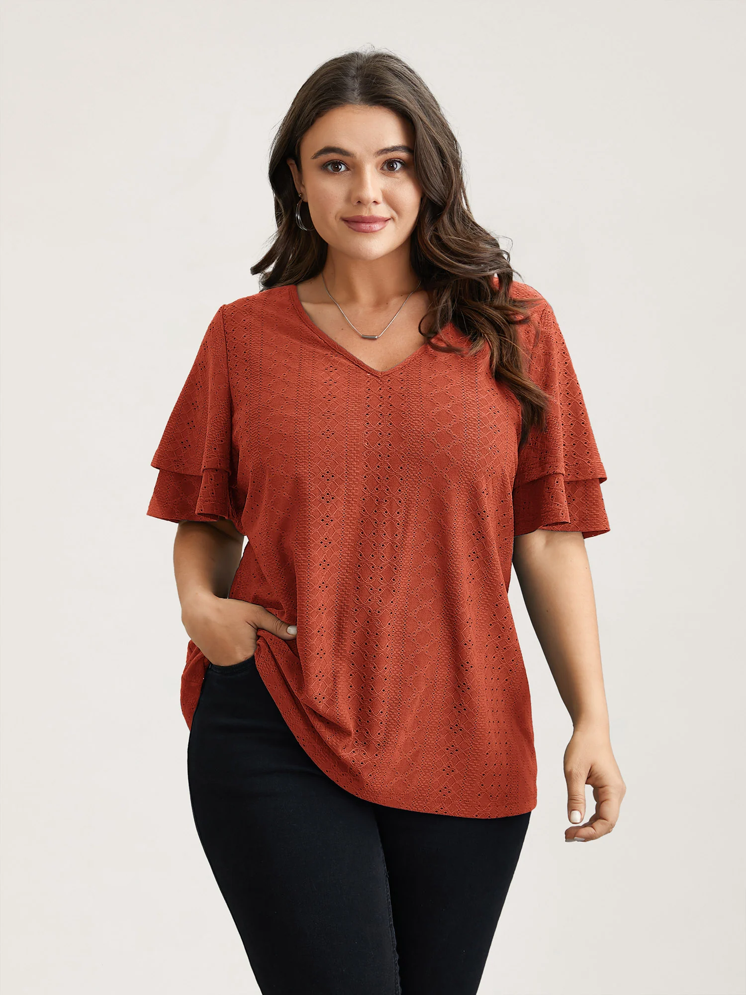 Jacquard Textured Lotus Leaf Sleeve Top - Image 24