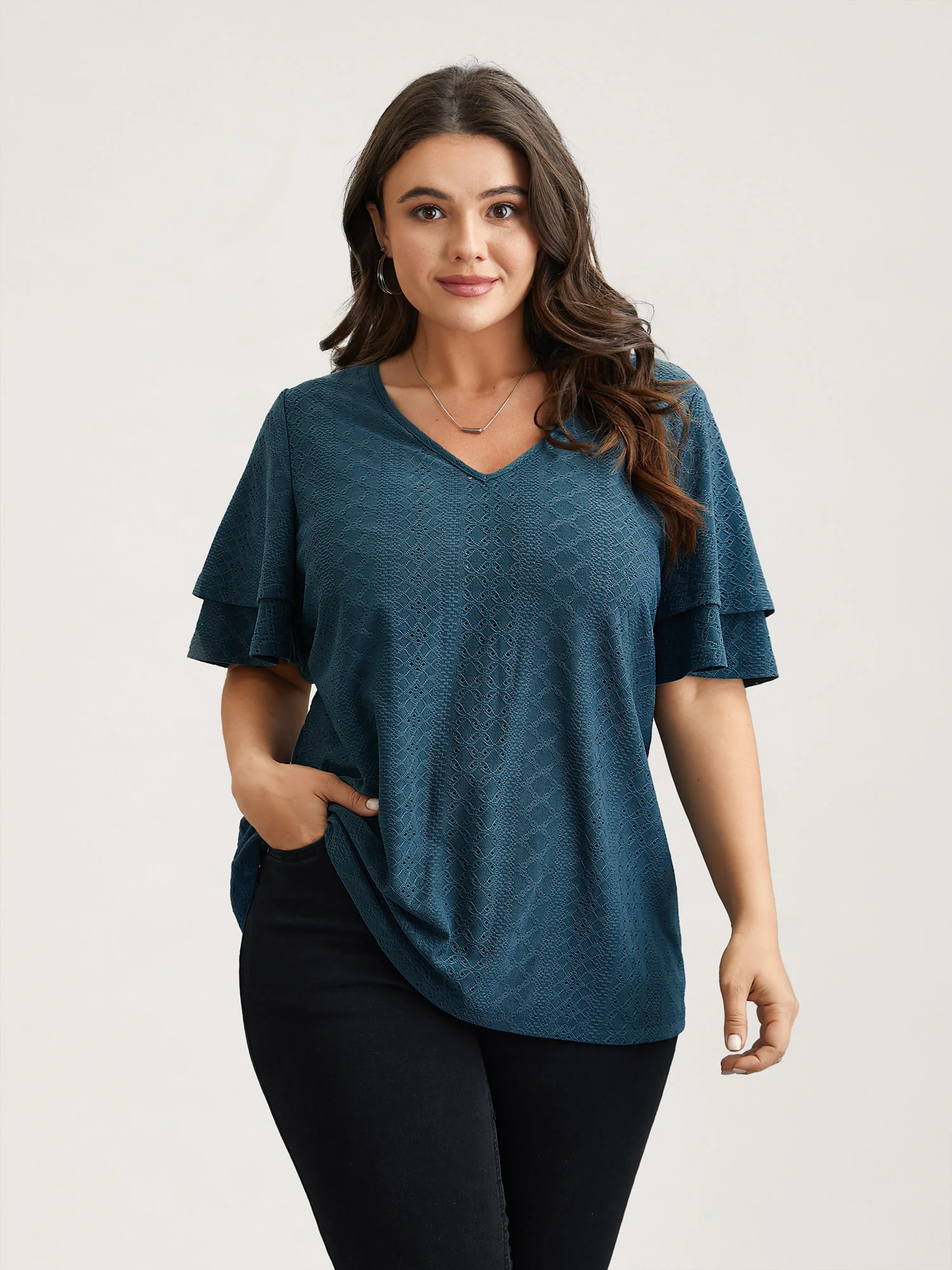 Jacquard Textured Lotus Leaf Sleeve Top - Image 5