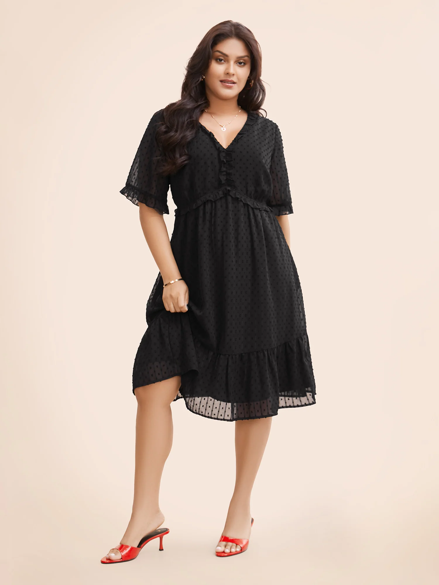 Jacquard V Neck Ruffle Sleeve Dress - Image 2