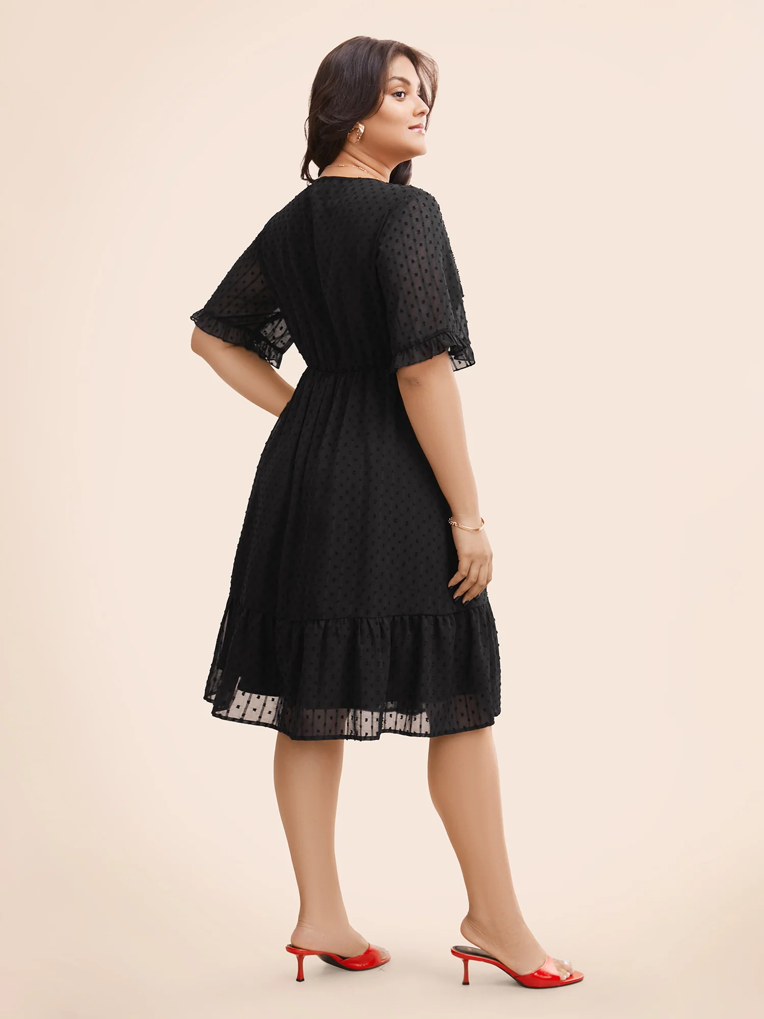 Jacquard V Neck Ruffle Sleeve Dress - Image 3