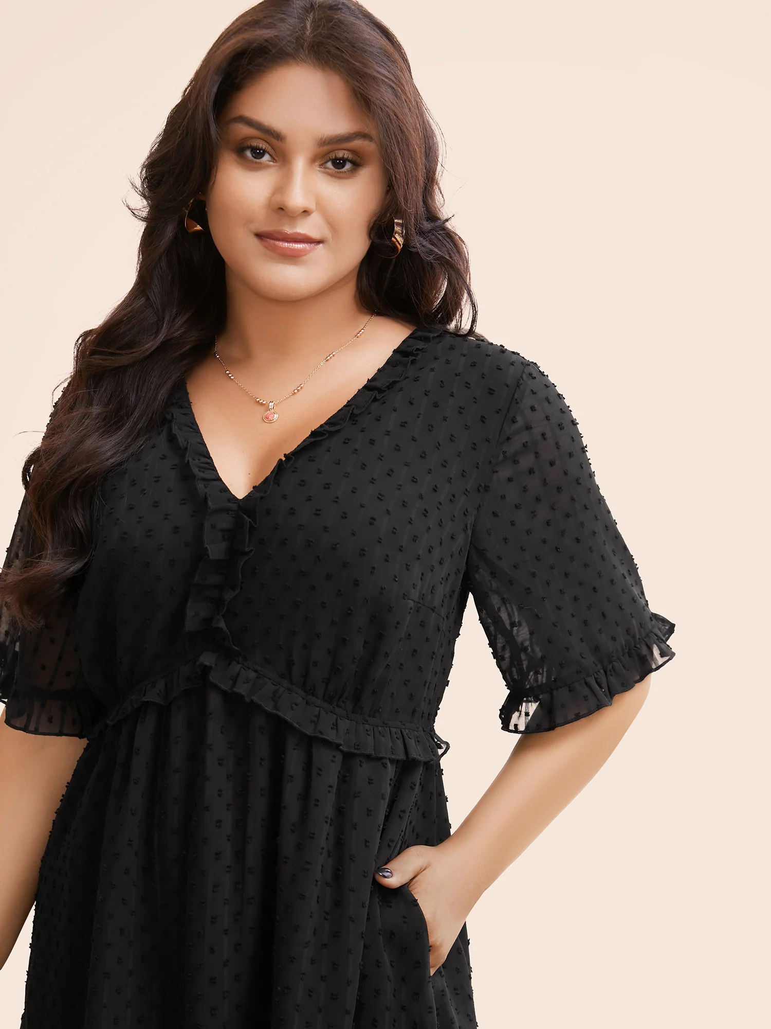 Jacquard V Neck Ruffle Sleeve Dress - Image 4
