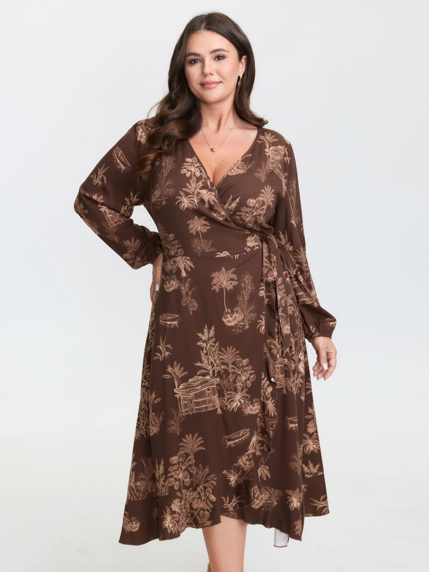 Jouy Pattern Stretch Twill Wrap Midi Dress