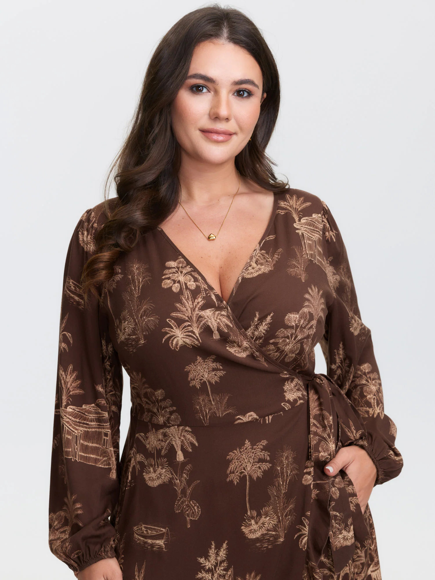 Jouy Pattern Stretch Twill Wrap Midi Dress - Image 2