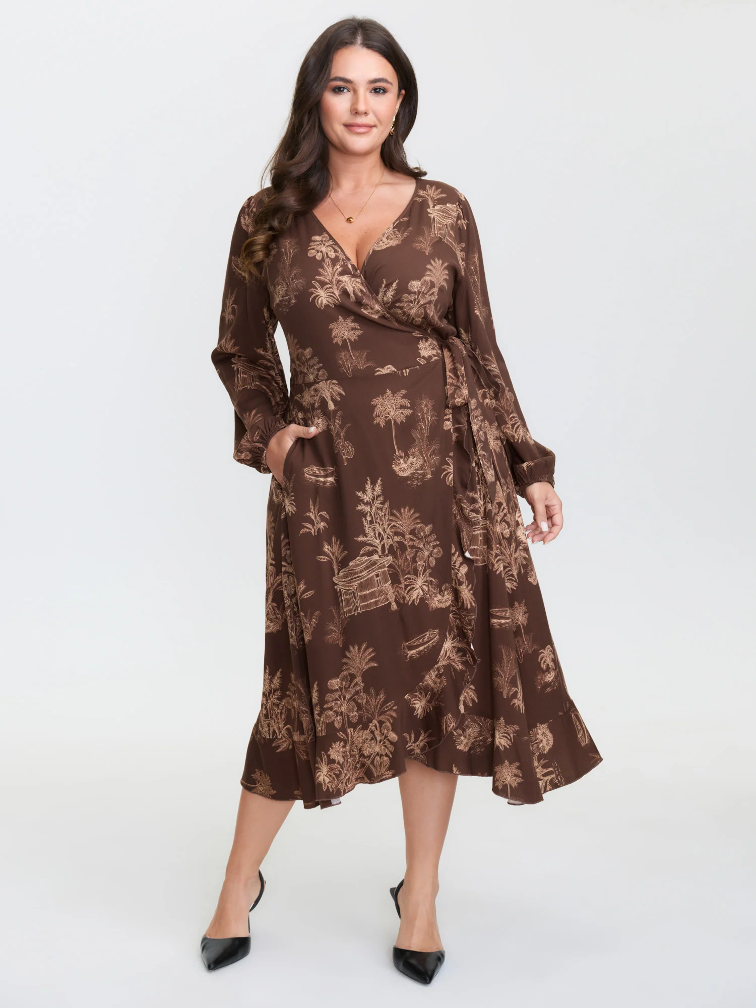 Jouy Pattern Stretch Twill Wrap Midi Dress - Image 3