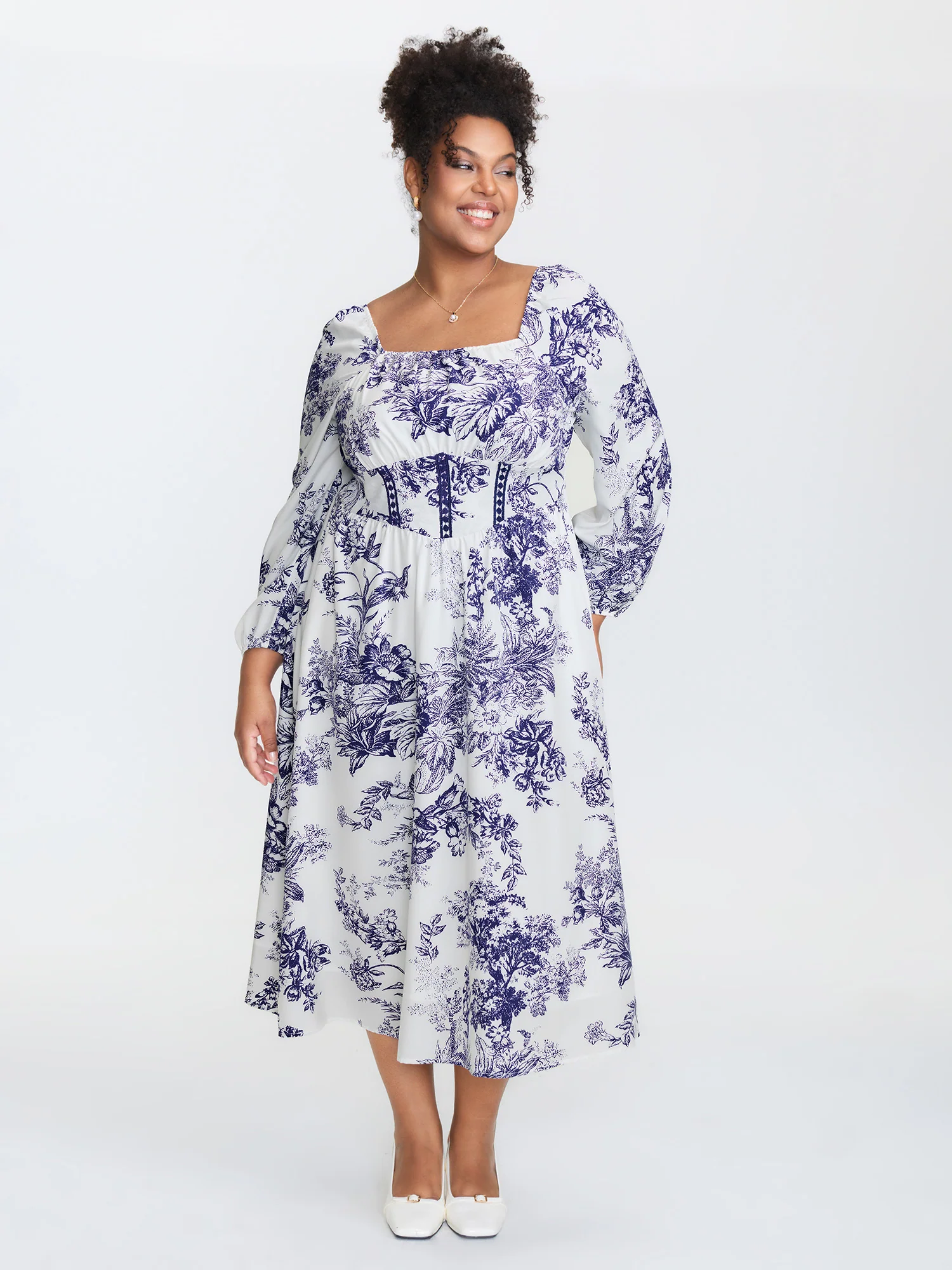 Jouy Pattern Triangular Cinched-Waist Midi Dress - Image 2