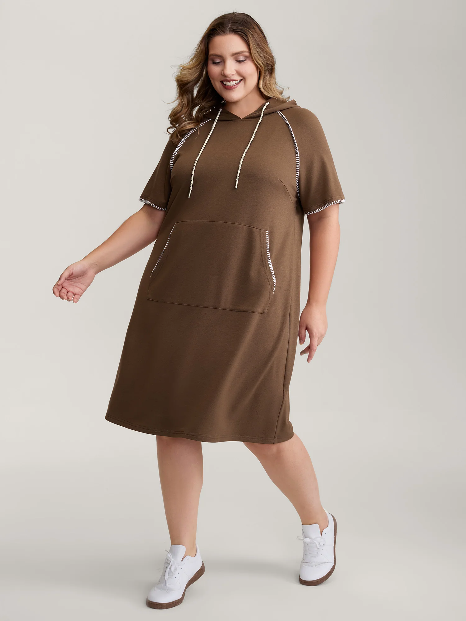 Kangaroo Pockets Contrast Edges Hoodie Knit Dress - Image 4
