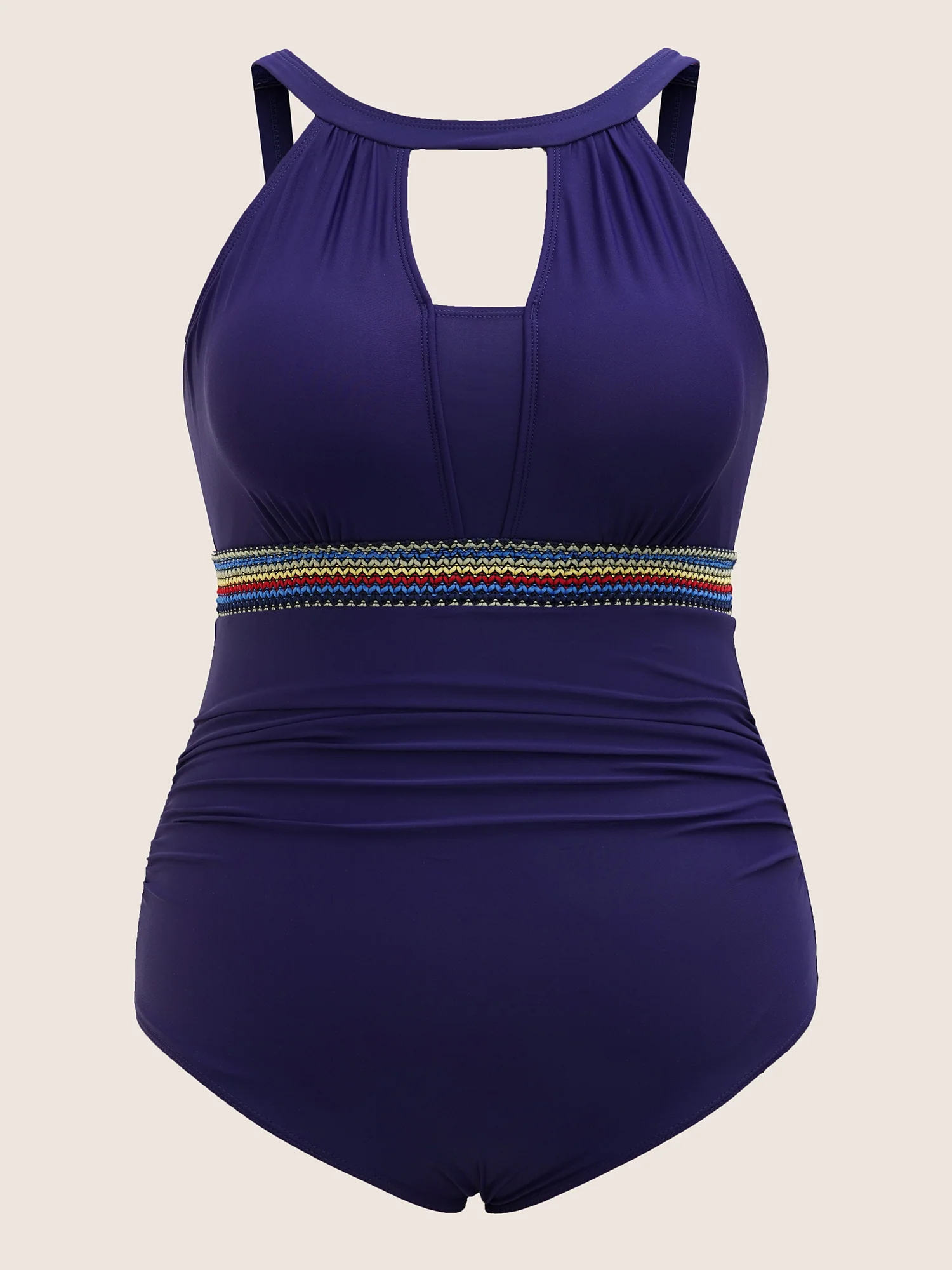 Keyhole Contrast Webbing Ruched One Piece Swimsuit - Image 7