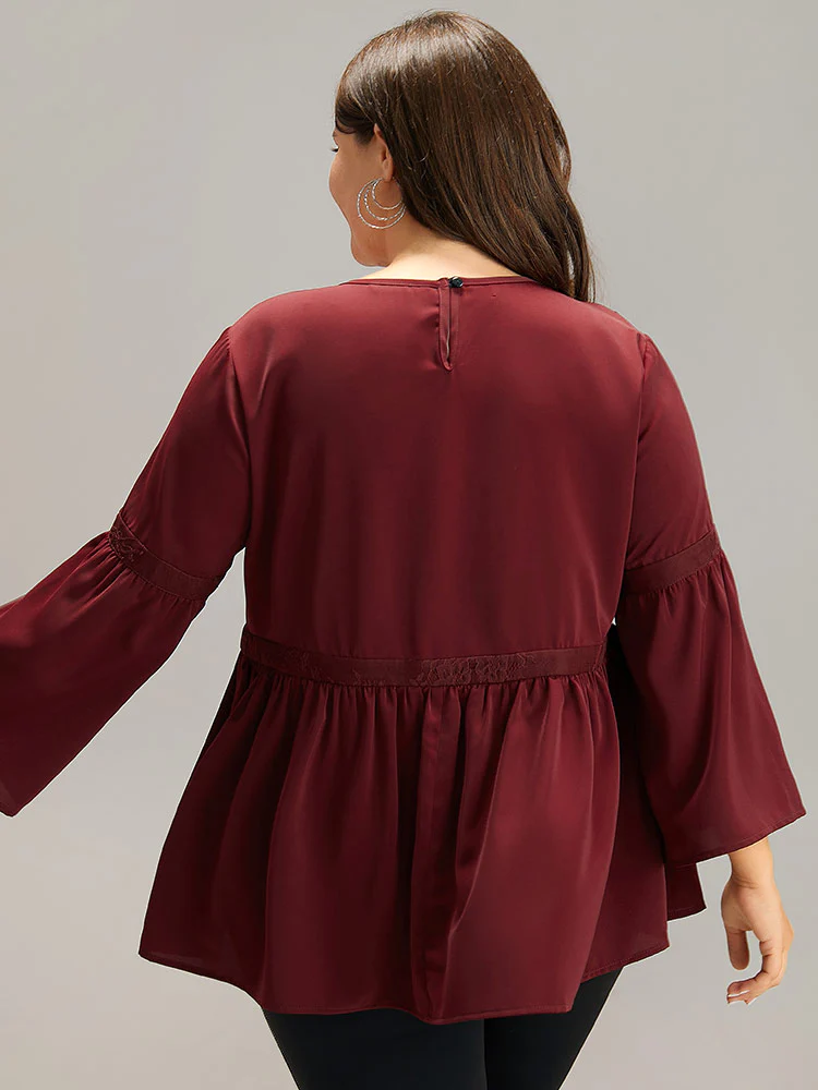 Anti-Wrinkle Keyhole Crochet Lace Mesh Ruffles Blouse - Image 2