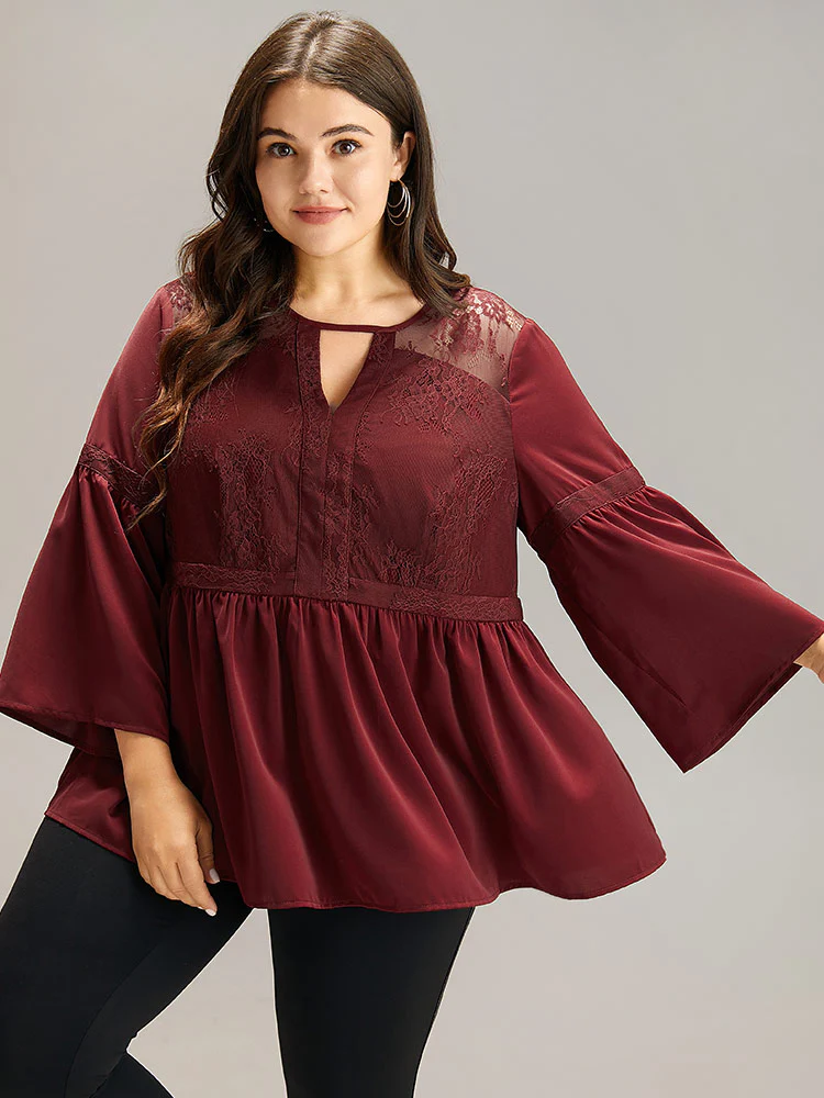 Anti-Wrinkle Keyhole Crochet Lace Mesh Ruffles Blouse - Image 3