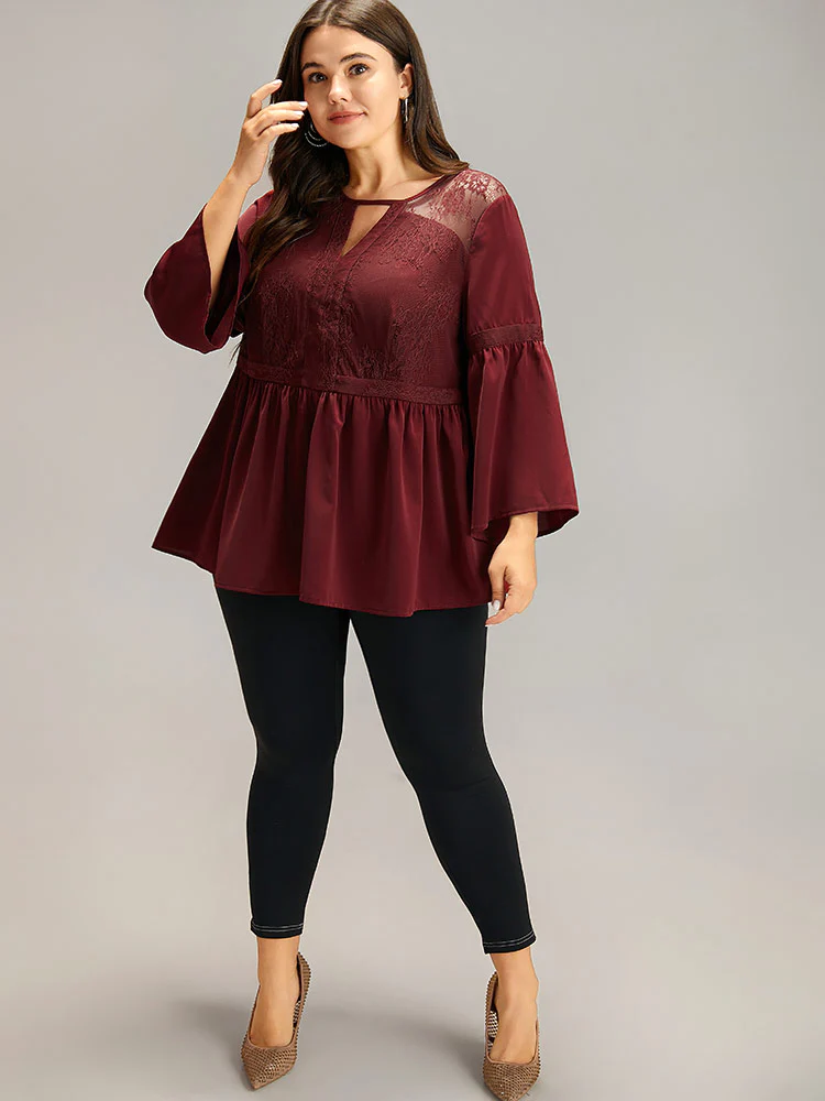 Anti-Wrinkle Keyhole Crochet Lace Mesh Ruffles Blouse - Image 4
